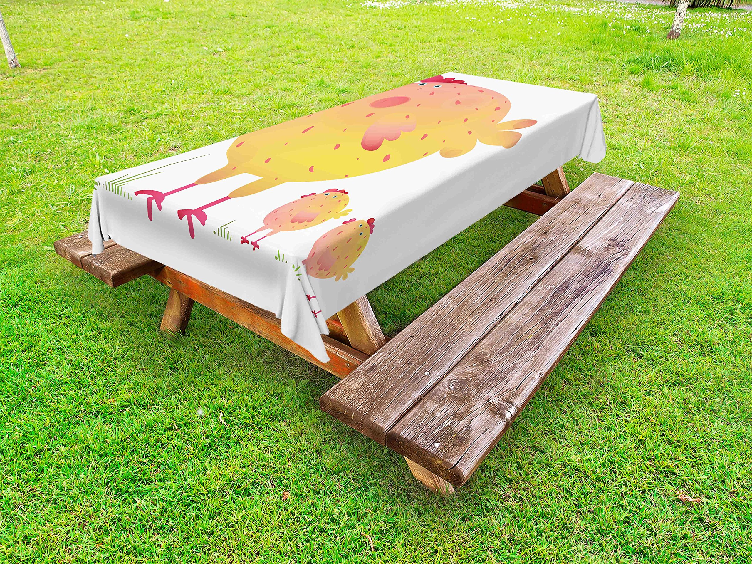 Ambesonne Farm Animal Tablecloth - Chicken & Chicks Design, Washable Outdoor Picnic Table Cover, 58x104 Inches, Dark Coral Pale Orange Yellow - Perfect for Farmhouse Decor, Backyard BBQs, and Family Gatherings