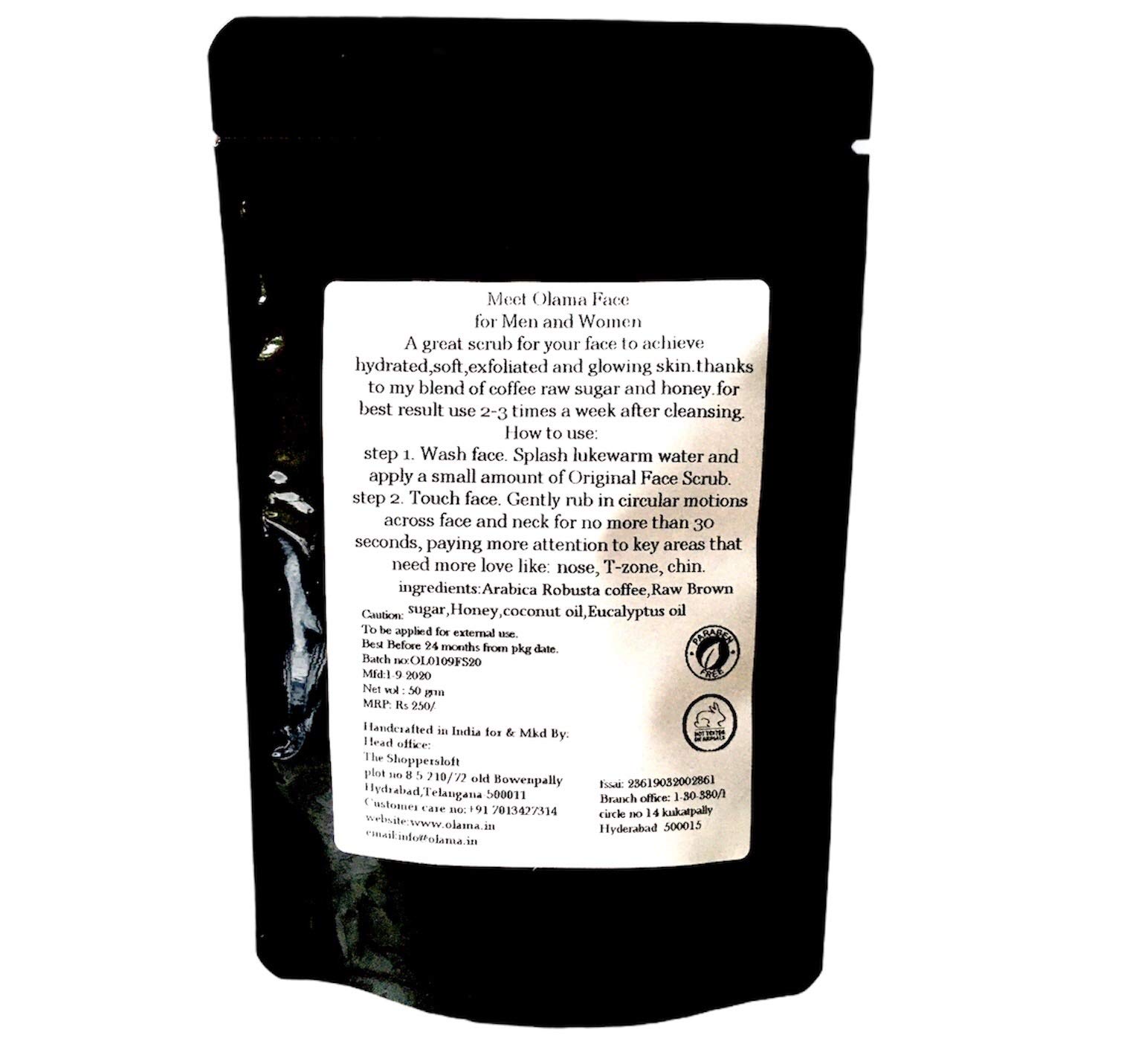 Olama Coffee & Honey Face Scrub - Natural Exfoliator for Acne, Wrinkles & Scars | Handmade with Arabica Coffee, Raw Honey & Coconut Oil | Eczema & Psoriasis Relief | Paraben & SLS Free | 50g Travel Size with Zipper Pouch | Perfect for Daily Skincare Routine & On-the-Go Use