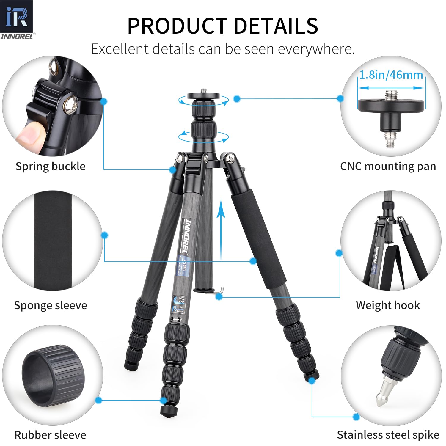 INNOREL RT55C Carbon Fiber Tripod - Lightweight Portable Travel Tripod & Monopod for DSLR Cameras, Max Height 59in/150cm, Load Capacity 26lb/12kg - Perfect for Photography, Vlogging & Outdoor Adventures