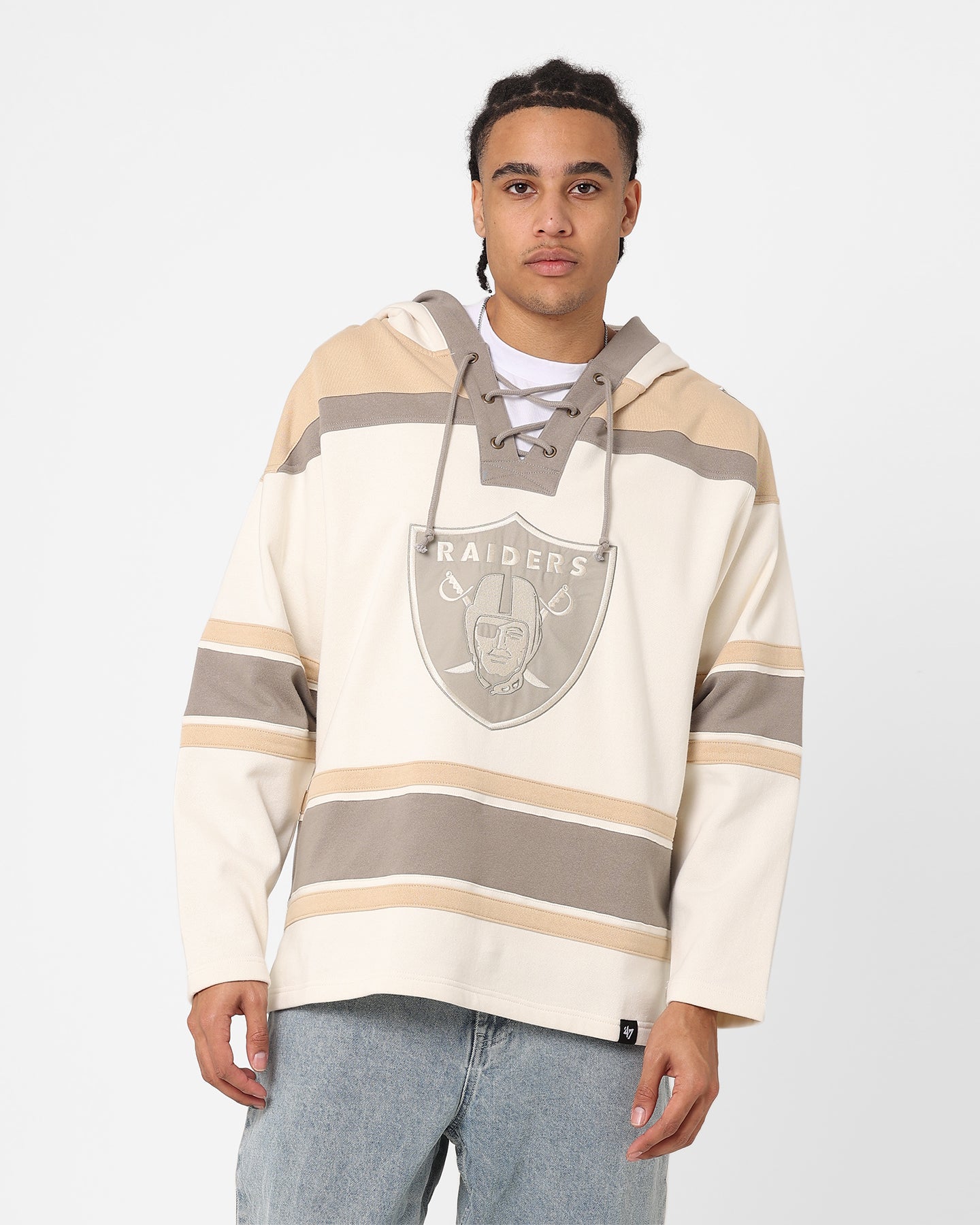 47 Brand Las Vegas Raiders Superior Lacer Hoodie - Cream/Khaki - Men's Pullover Sweatshirt for NFL Fans, Game Day & Casual Wear