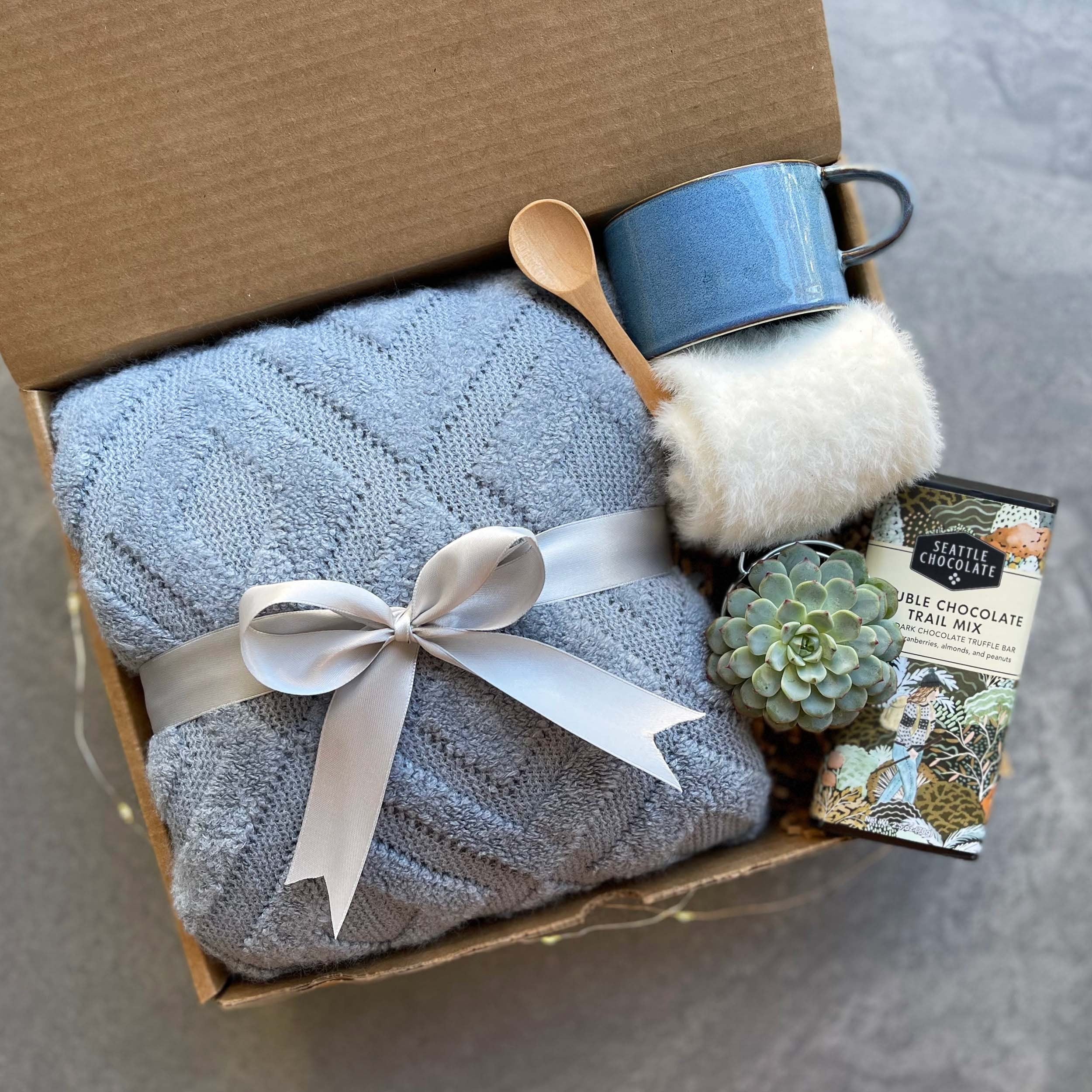 Cozy Hygge Gift Box for Women - Soft Blanket, Warm Socks & Succulent Plant - Thoughtful Get Well Care Package & Encouragement Gift - Perfect for Relaxation, Self-Care & Comfort at Home