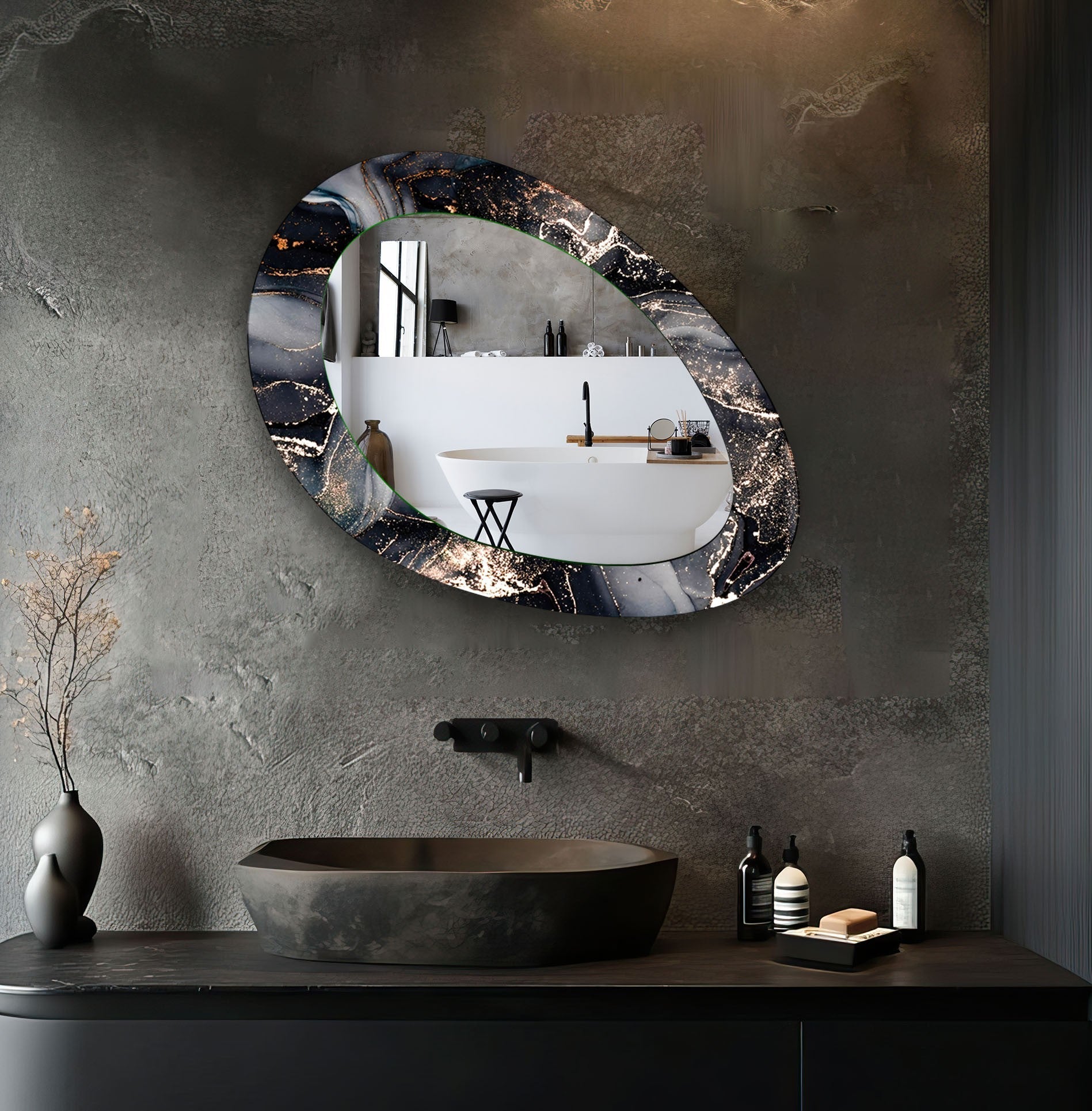 Elegant Black Marble Wall Mirror - Large Framed Decorative Mirror for Living Room, Bedroom & Entryway - Perfect for Home Decor & Vanity