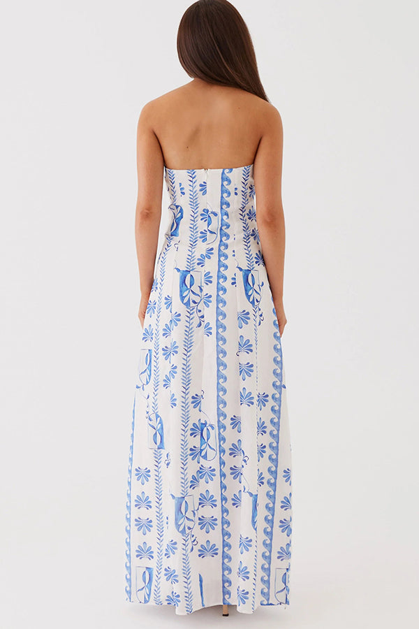 Freya Linen Blend Floral Wave Print Ruched Bust Strapless Maxi Dress for Women | Summer Beach Wedding Guest Dress | Boho Chic Party Gown