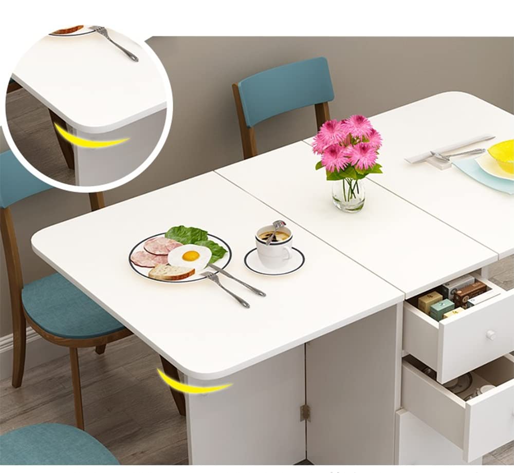 Modern Wood Pedestal Dining Table with Drop Leaf - Foldable Kitchen Table, White (55.1