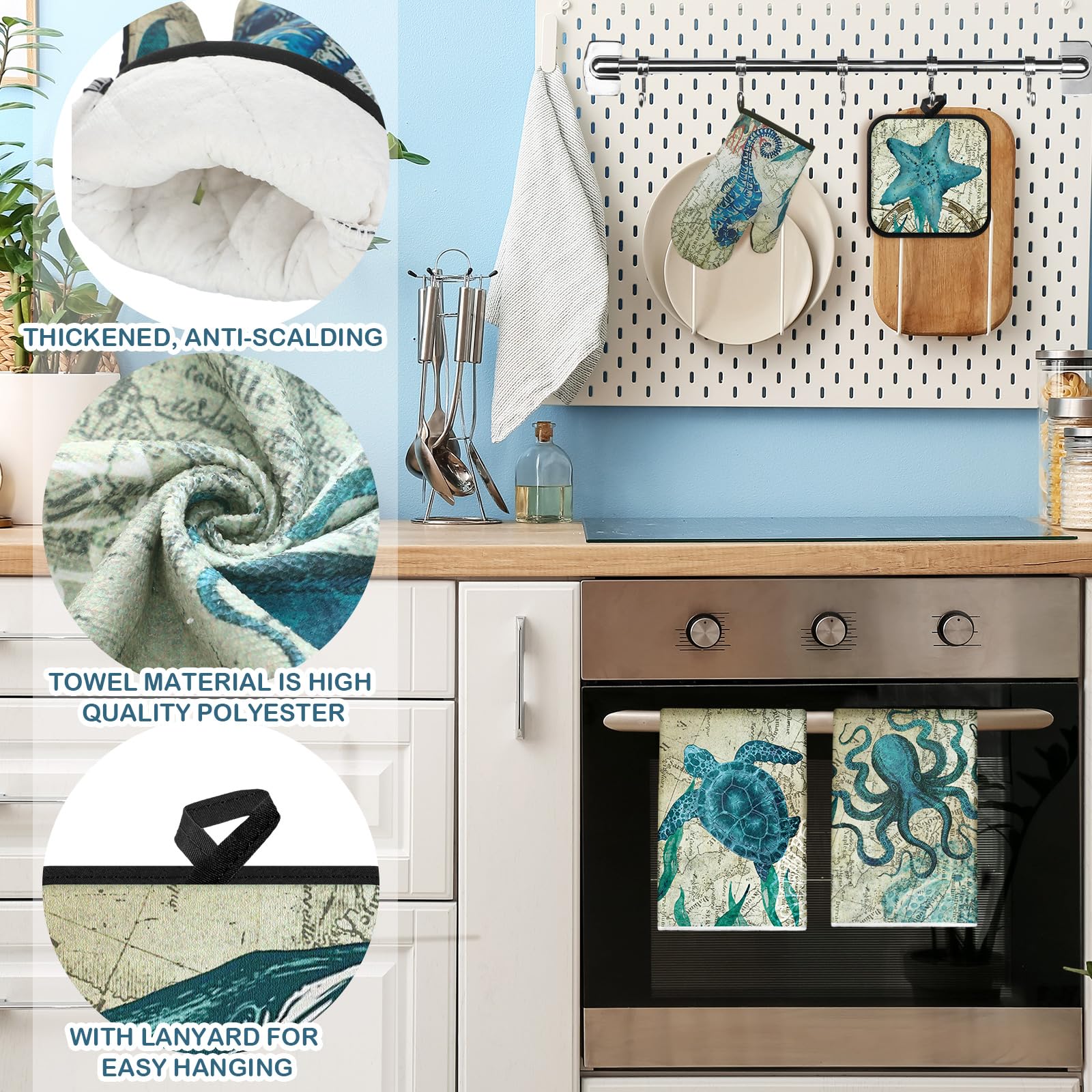 6-Piece Coastal Kitchen Towel Set - 2 Dish Towels, 2 Oven Mitts & 2 Heat Resistant Potholders - Beach Themed Ocean Animal Design for Cooking, Baking & Kitchen Decor - Perfect Housewarming Gift