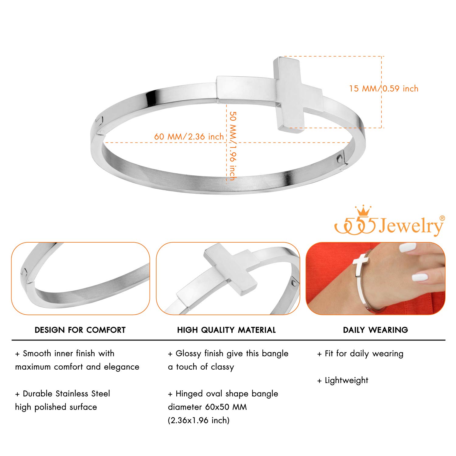 555 Jewelry Stainless Steel Sideways Cross Cuff Bangle Bracelet for Women - Hypoallergenic Hinge Lock Design - Perfect for Everyday Wear, Gift Giving & Religious Occasions