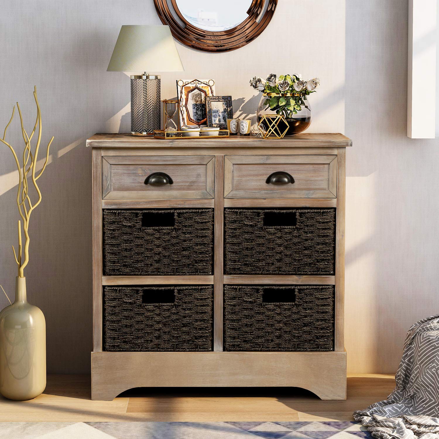 Vintage Storage Cabinet with 2 Drawers & 4 Baskets - Home Organization for Kitchen, Living Room & Entryway