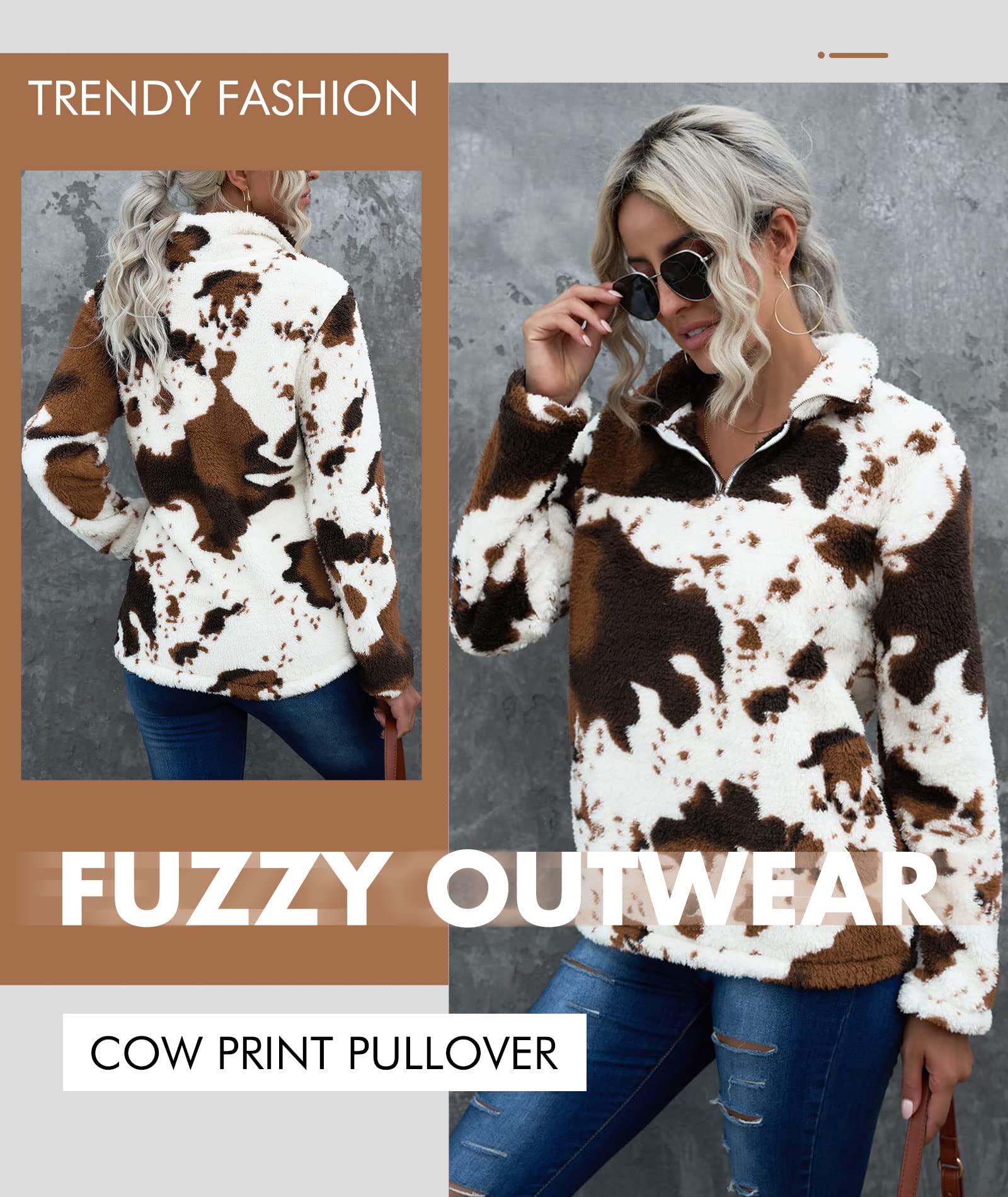 EARKOHA Women's Plus Size Long Sleeve Fleece Jacket with Zip Collar & Cow Print - Cozy Casual Outerwear for Fall, Winter, and Everyday Wear