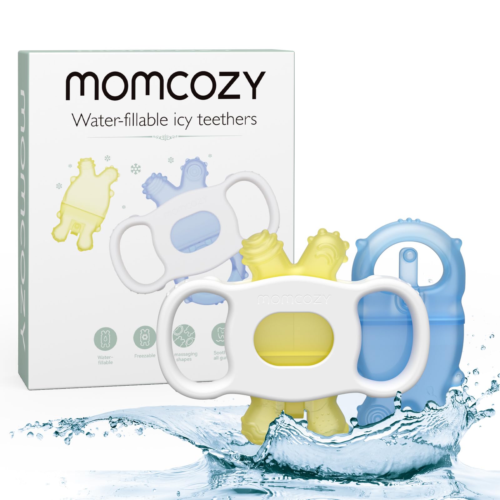Momcozy Baby Teether Toys for 0-12 Months - Water Fillable Silicone Cold Teether for Teething Relief - BPA-Free Infant Chew Toys (Blue & Yellow, 2-Pack) - Perfect for Soothing Sore Gums at Home or On-the-Go