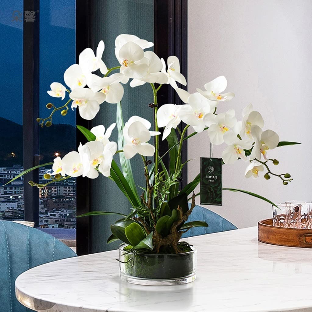 Large Artificial Silk Moth Orchid Flowers in Clear Glass Vase - Real Touch Phalaenopsis Arrangement (White) - Perfect for Home Decor, Wedding Centerpieces & Office Elegance