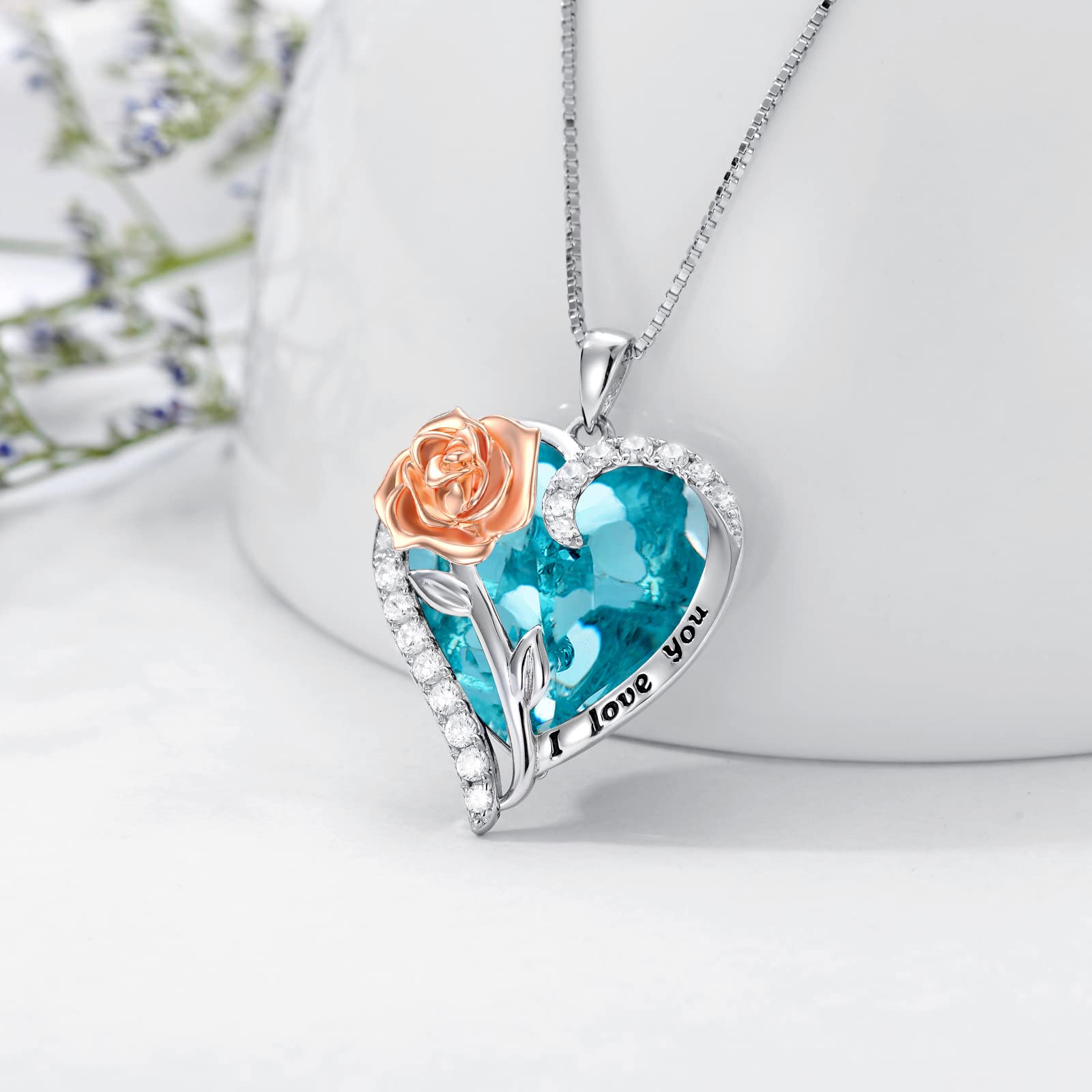 TOUPOP Rose Flower Necklace - 925 Sterling Silver Rose Crystal Pendant with Heart Birthstone, Valentines Day Gifts for Her, Wife, Girlfriend, Mom | Anniversary & Birthday Jewelry | Perfect for Romantic Dates, Proposals & Special Occasions