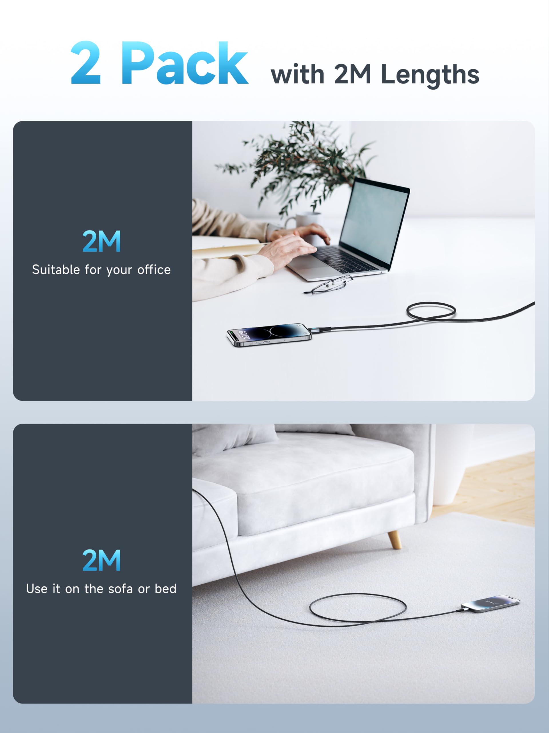 BLACKSYNCZE MFi Certified Lightning Cable [2-Pack 6.6FT] Nylon Braided Fast Charging Cable for iPhone 14/13/12/11 Pro Max/XS/XR/X/8/7/6s/5s - Durable & Tangle-Free - Perfect for Home, Office & Travel Use