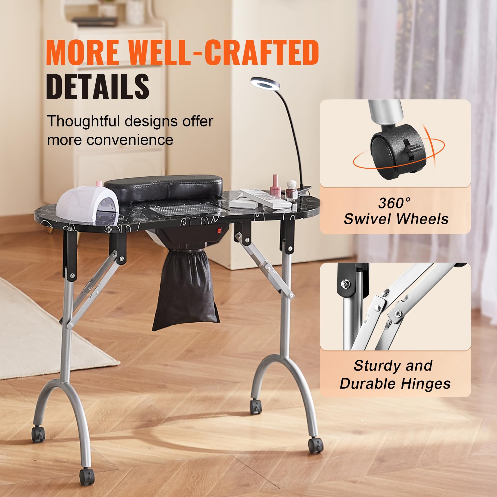 VEVOR Portable Foldable Nail Table with Electric Dust Collector - Mobile Nail Tech Desk with 4 Wheels, 3 Dust Bags & Adjustable LED Light - MDF Nail Art Station for Salon, Spa & Home Use | Perfect for Professional Nail Technicians & DIY Manicures at Home