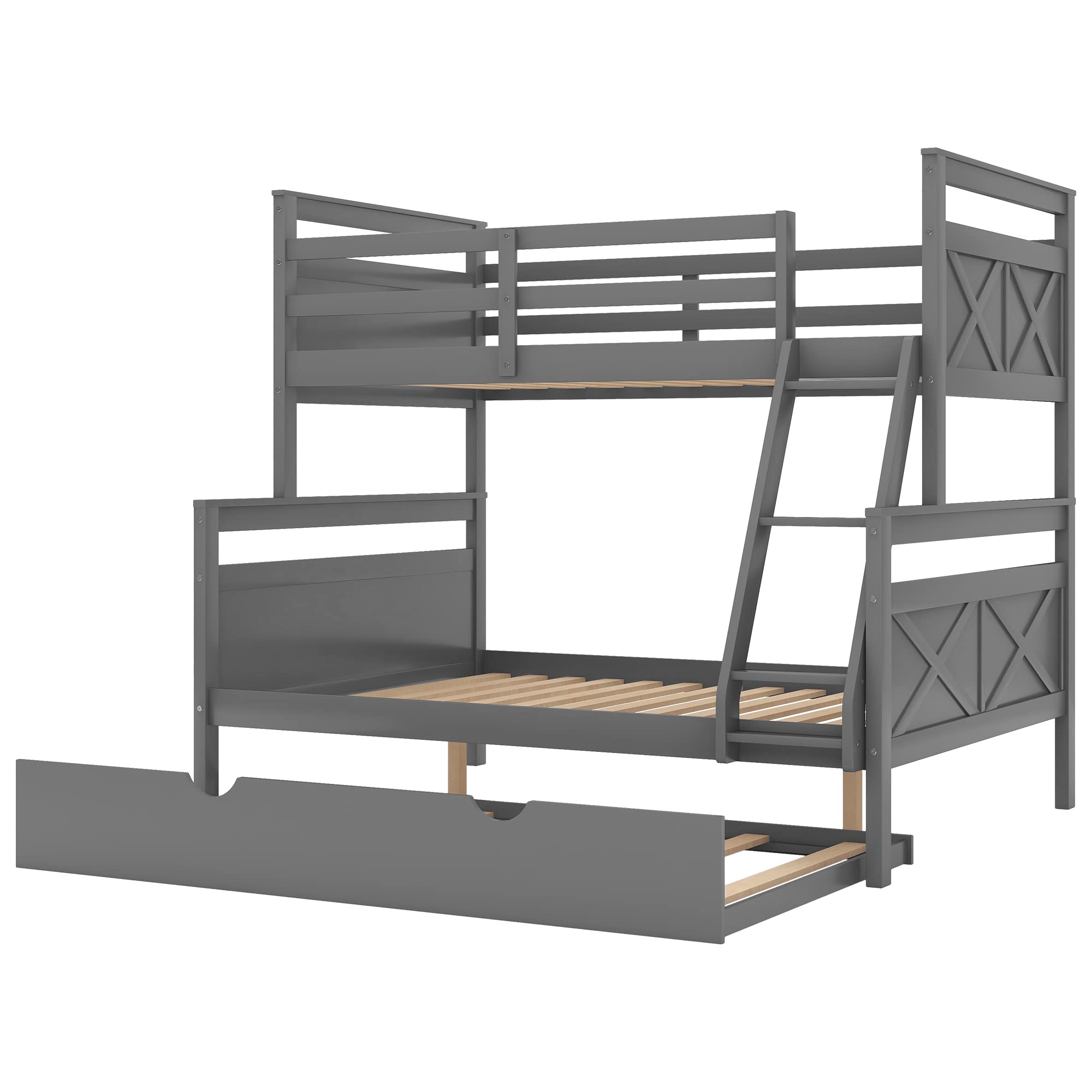 Twin Over Full Wood Bunk Bed with Trundle - Sturdy Wooden Bunk Bed Frame with Ladder & Safety Guardrail for Kids, Teens & Adults (Gray) - Perfect for Small Spaces, Guest Rooms & Kids' Bedrooms