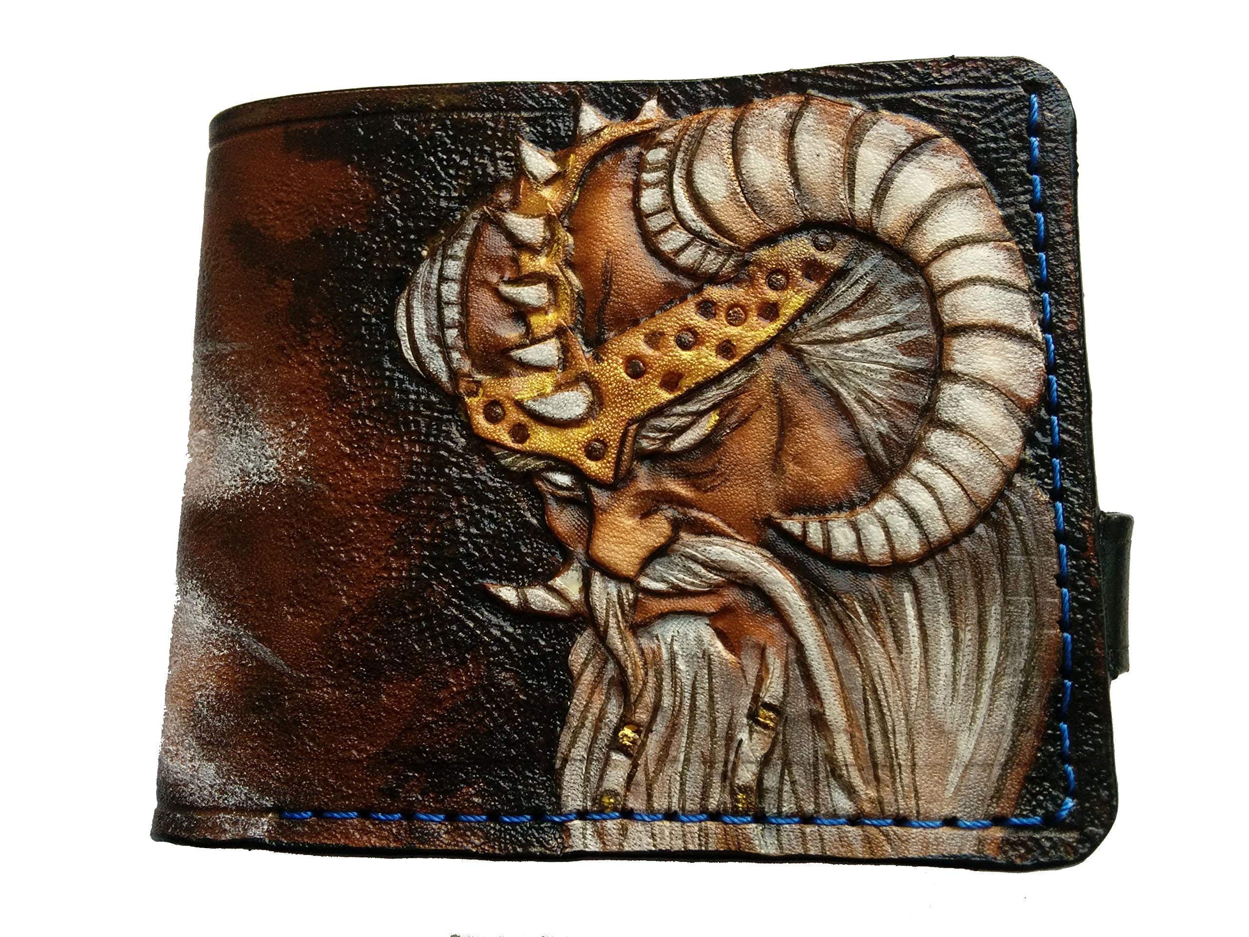 Viking Warrior Odin Raven Norse Mythology Leather Wallet - Nordic Viking Axe & Runic Design RFID Blocking Bifold Wallet for Men - Handmade Genuine Leather Biker Wallet with Celtic Style Embossing - Perfect for Medieval LARP, Cosplay & Viking Enthusiasts