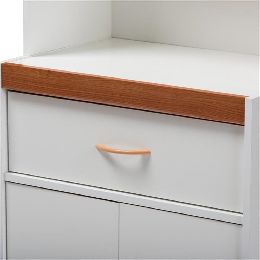 BOWERY HILL Modern White and Cherry Kitchen Pantry Cabinet with Hutch & Storage Drawer - Perfect for Small Space Organization, Farmhouse Decor, and Kitchen Storage Solutions