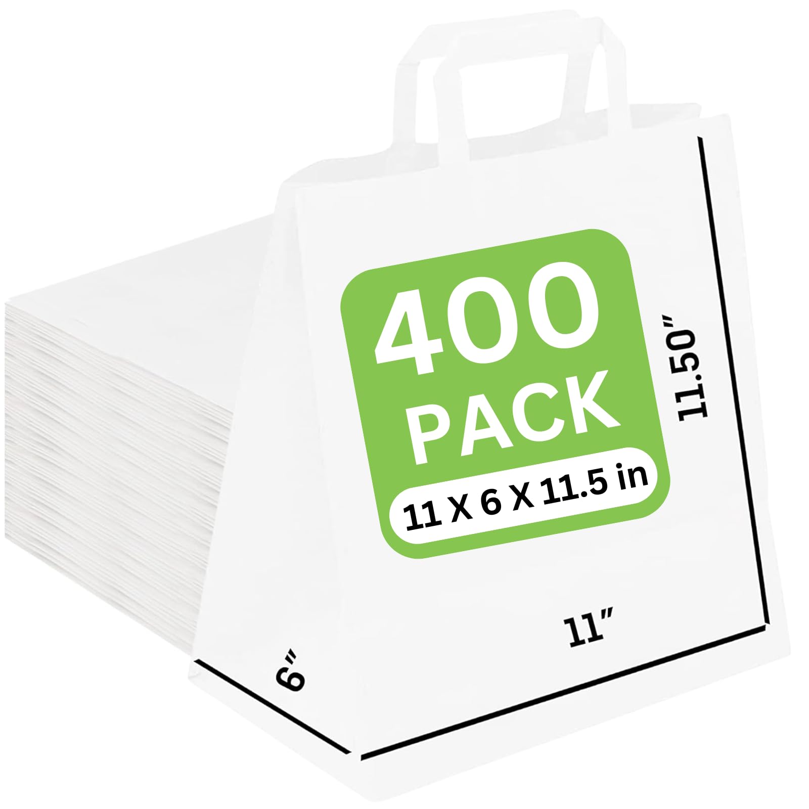 Premium White Kraft Paper Bags with Handles - 11”x6”x11.5” [400 Pcs] - Eco-Friendly Recyclable Takeout Bags for Grocery, Retail, Party Favors, Wedding Gifts & Goodie Bags - Perfect for Restaurants, Boutiques & Events