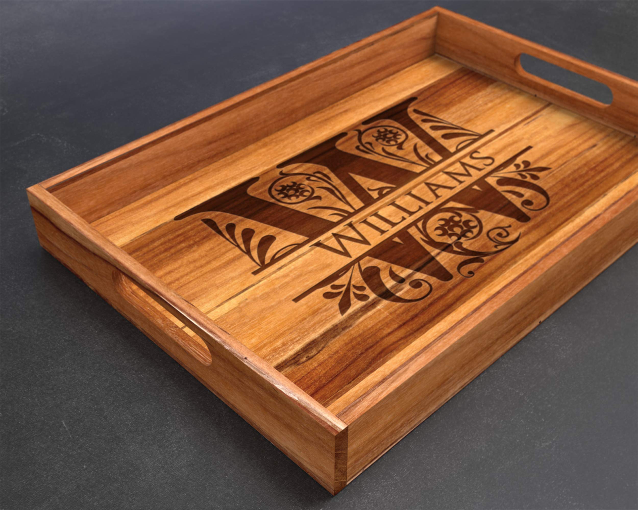 **Custom Engraved Teak Wood Tray - Personalized Wedding, Housewarming, Anniversary & Christmas Gift - Split Letter Design for Home Decor & Special Occasions**