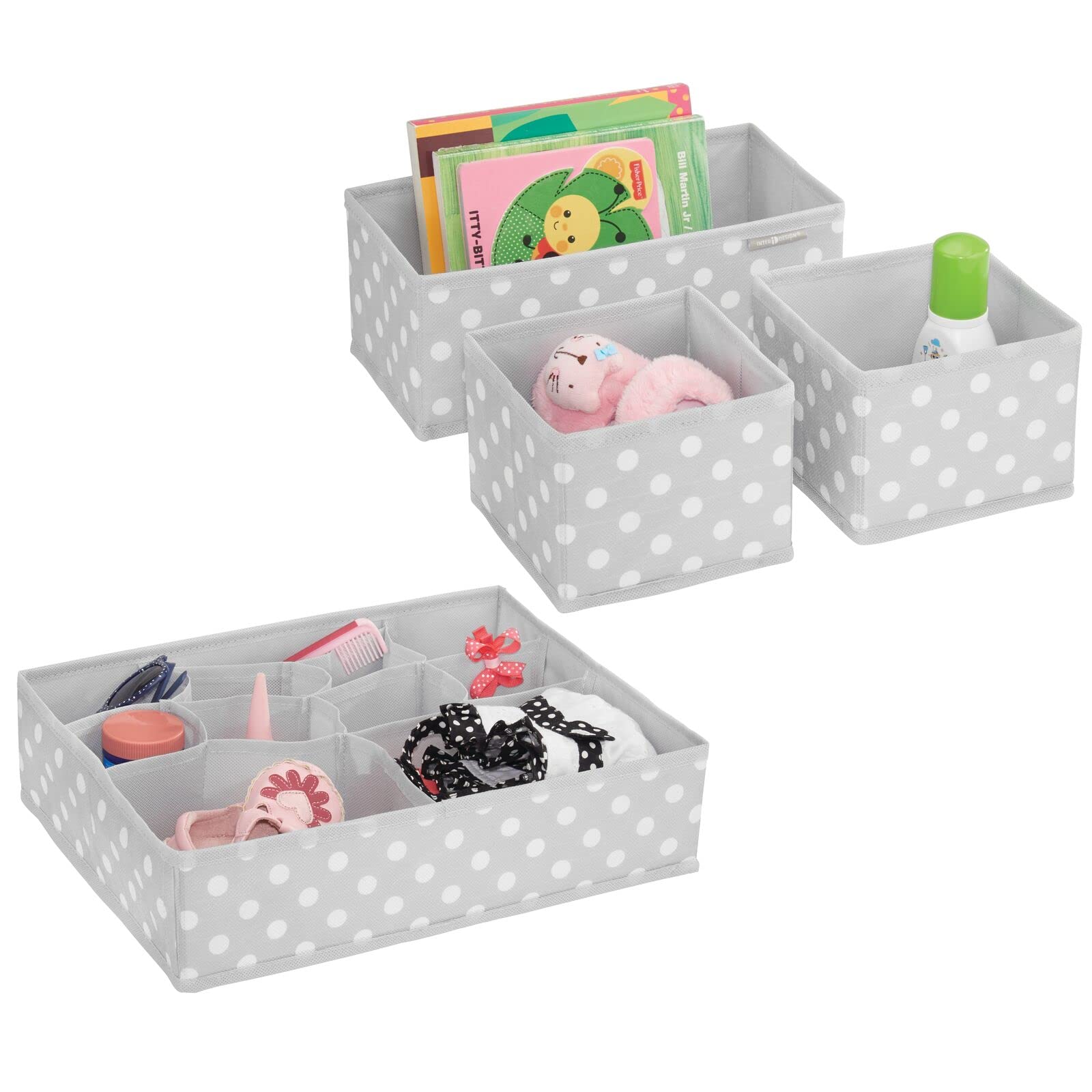 mDesign Fabric Drawer Organizer Bins - Set of 4 or 2 Pack, Gray/White Polka Dot - Perfect for Kids & Baby Nursery Dresser, Closet, Shelf & Playroom Organization - Holds Clothes, Toys, Diapers, Bibs & Blankets - Ideal for Home, Office & Daycare Storage Solutions