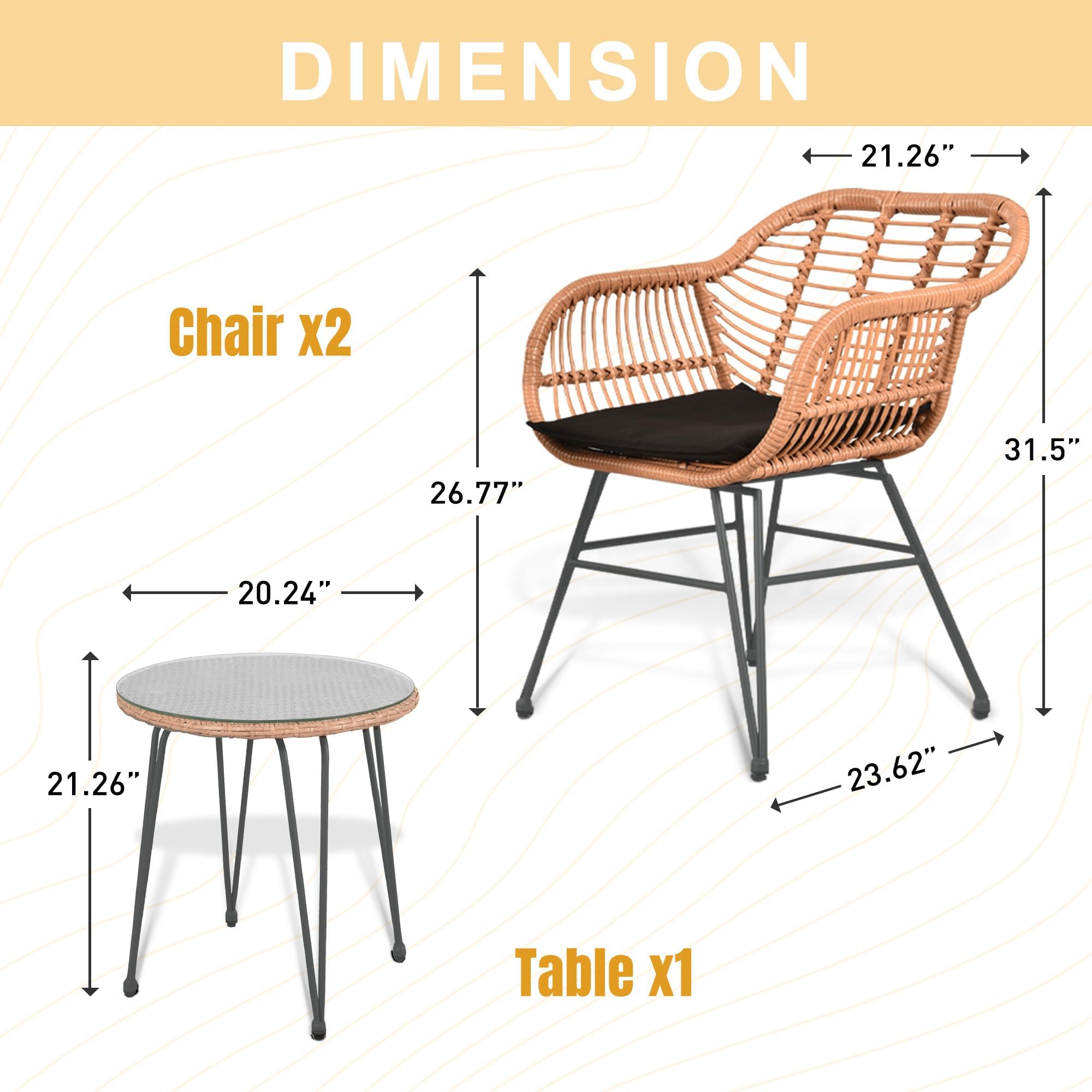 3-Piece Outdoor Wicker Patio Bistro Set - Rattan Conversation Furniture for Balcony, Porch, Poolside & Garden - Weather-Resistant Black Wicker Chairs & Table - Perfect for Outdoor Dining, Lounging and Entertaining Guests