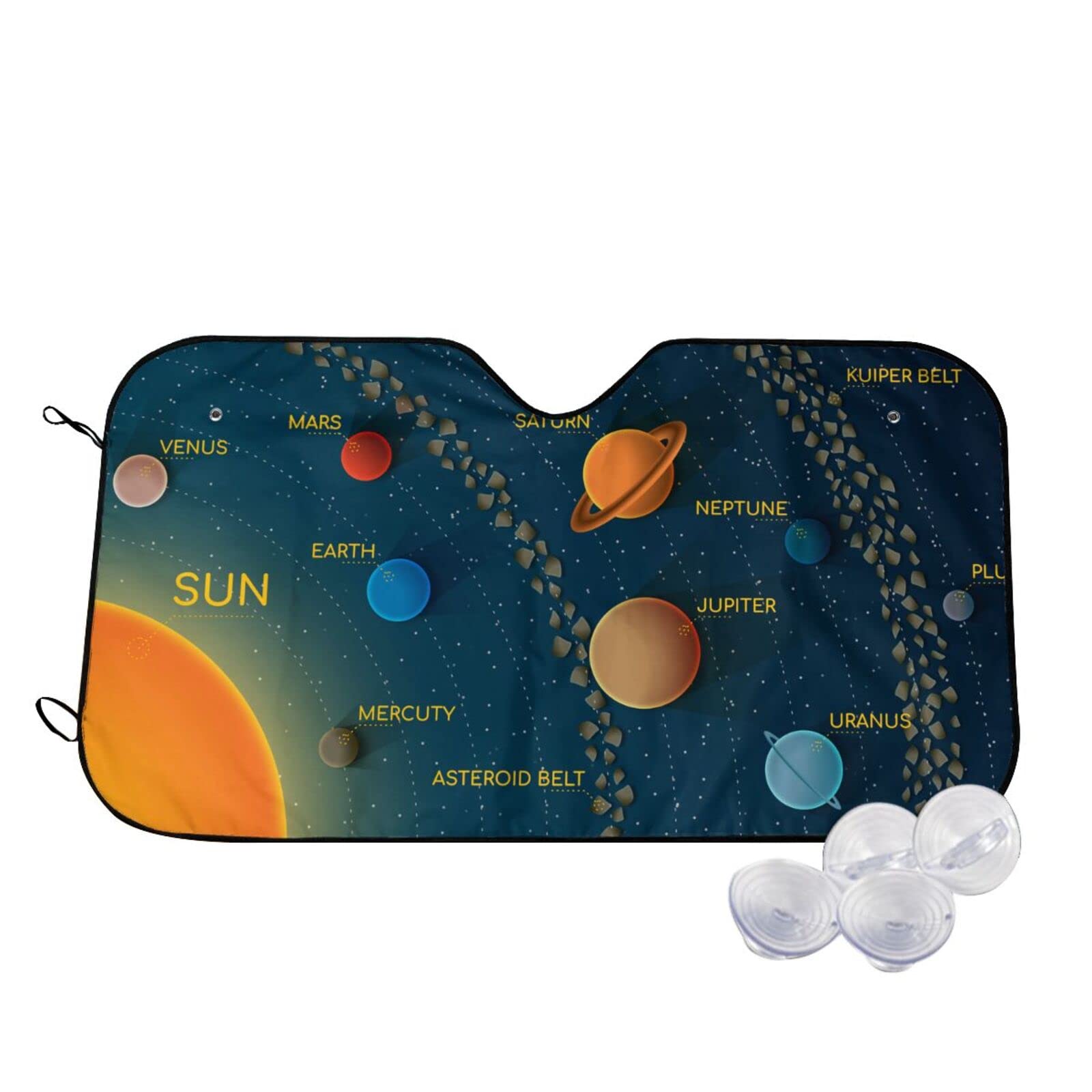 Sun Planet Orbit Icon Car Windshield Sun Shade | 51x27.5 Inch UV Reflective Auto Sun Visor Protector | Heat Resistant Vehicle Accessory for Summer | Keep Your Car Cool in Parking Lots & Driveways