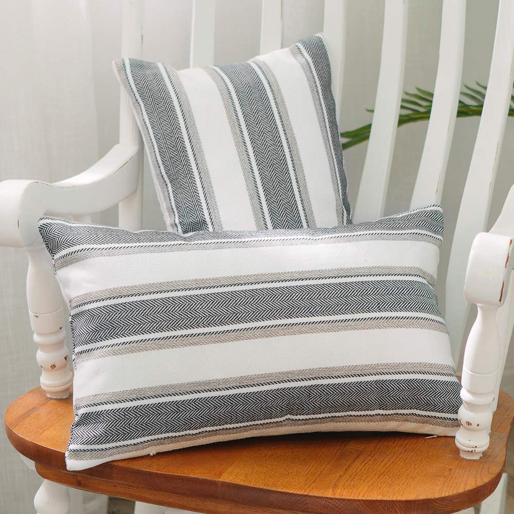 Soft Faux Linen Decorative Throw Pillow Cover - Black & White Striped Lumbar Cushion Case with Hidden Zipper (12x18 Inch) for Bed, Sofa, Car & Home Decor