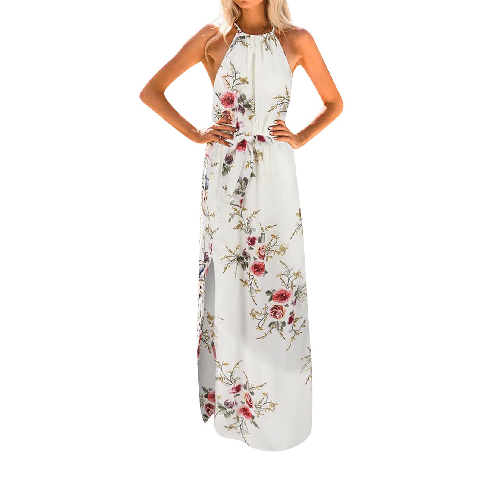 Boho Summer Dresses for Women - Casual Halter Maxi Dress with Slit, Floral Long Dress for Evening Party, Beach Vacation & Outdoor Date Night