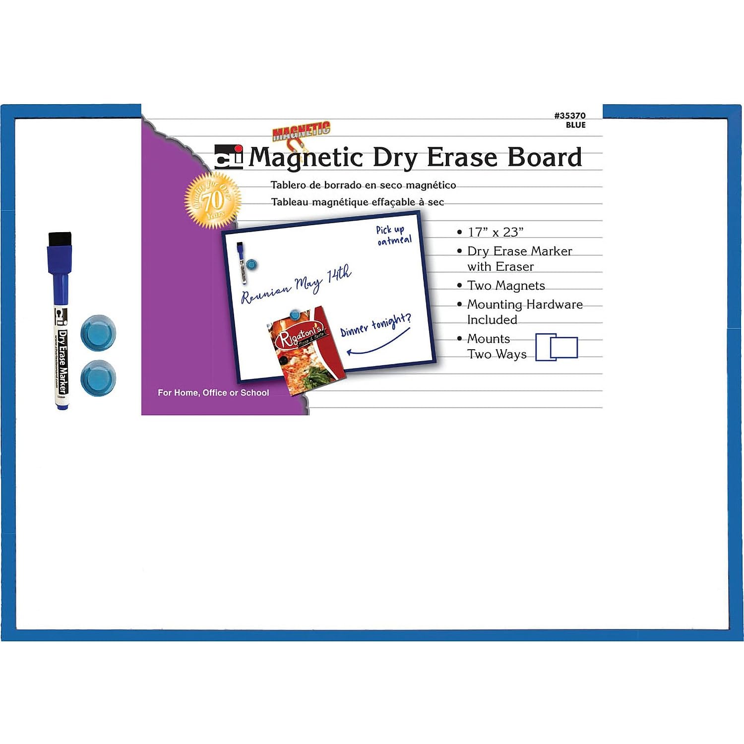 Charles Leonard Magnetic Dry Erase Board 17x23 Inches - Whiteboard with Eraser, Marker & 2 Magnets, Blue Frame - Perfect for Office, Classroom, Home & Kids Room Organization