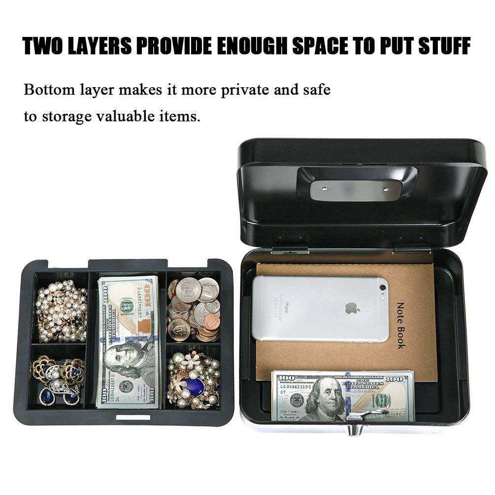 Jssmst Heavy Duty Metal Cash Box with Money Tray - Secure Locking Money Storage Box for Business, Home & Office Use - Black
