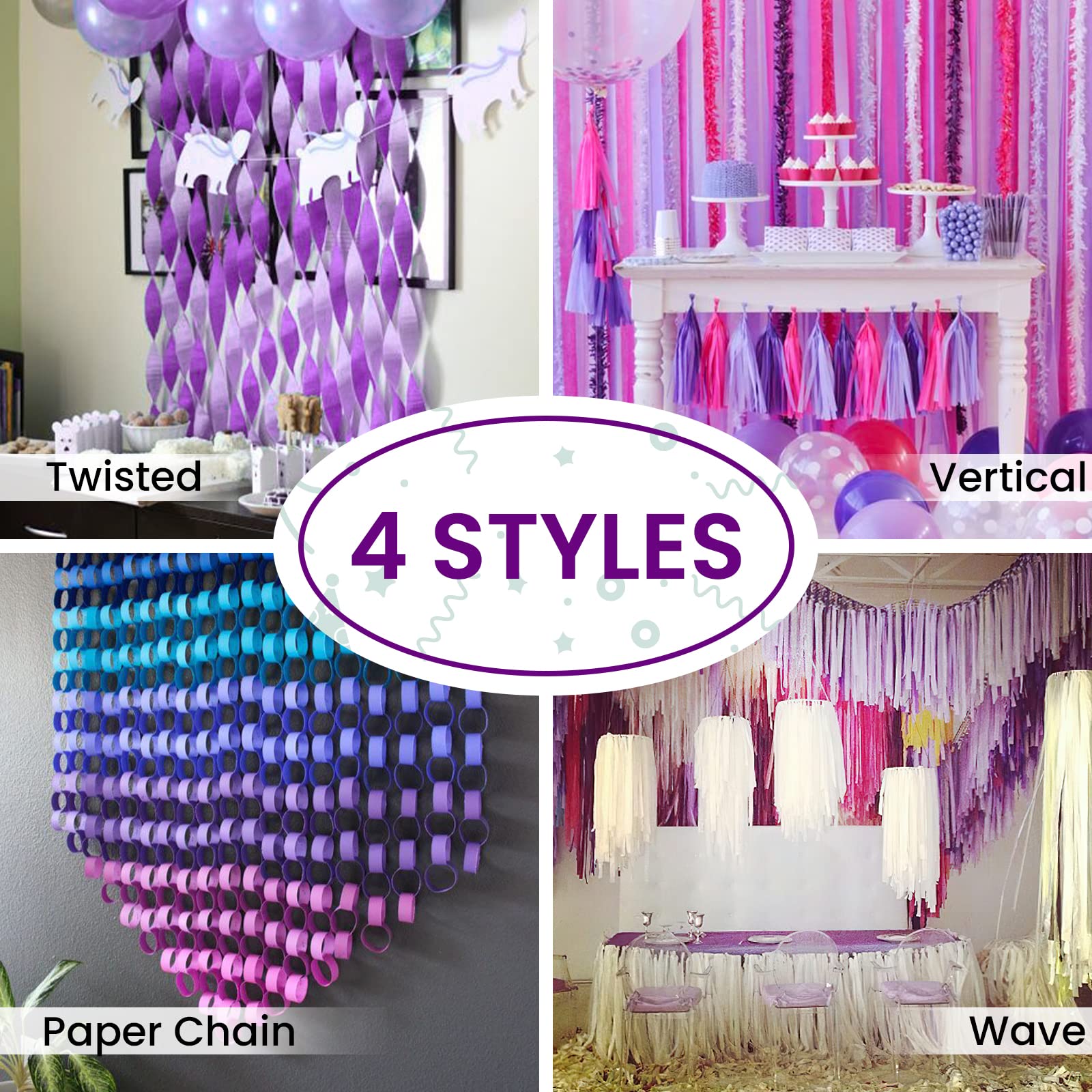 PartyWoo Crepe Paper Streamers - 8 Rolls (656ft) in Purple, Dark Purple, Pastel Purple & White - 1.8