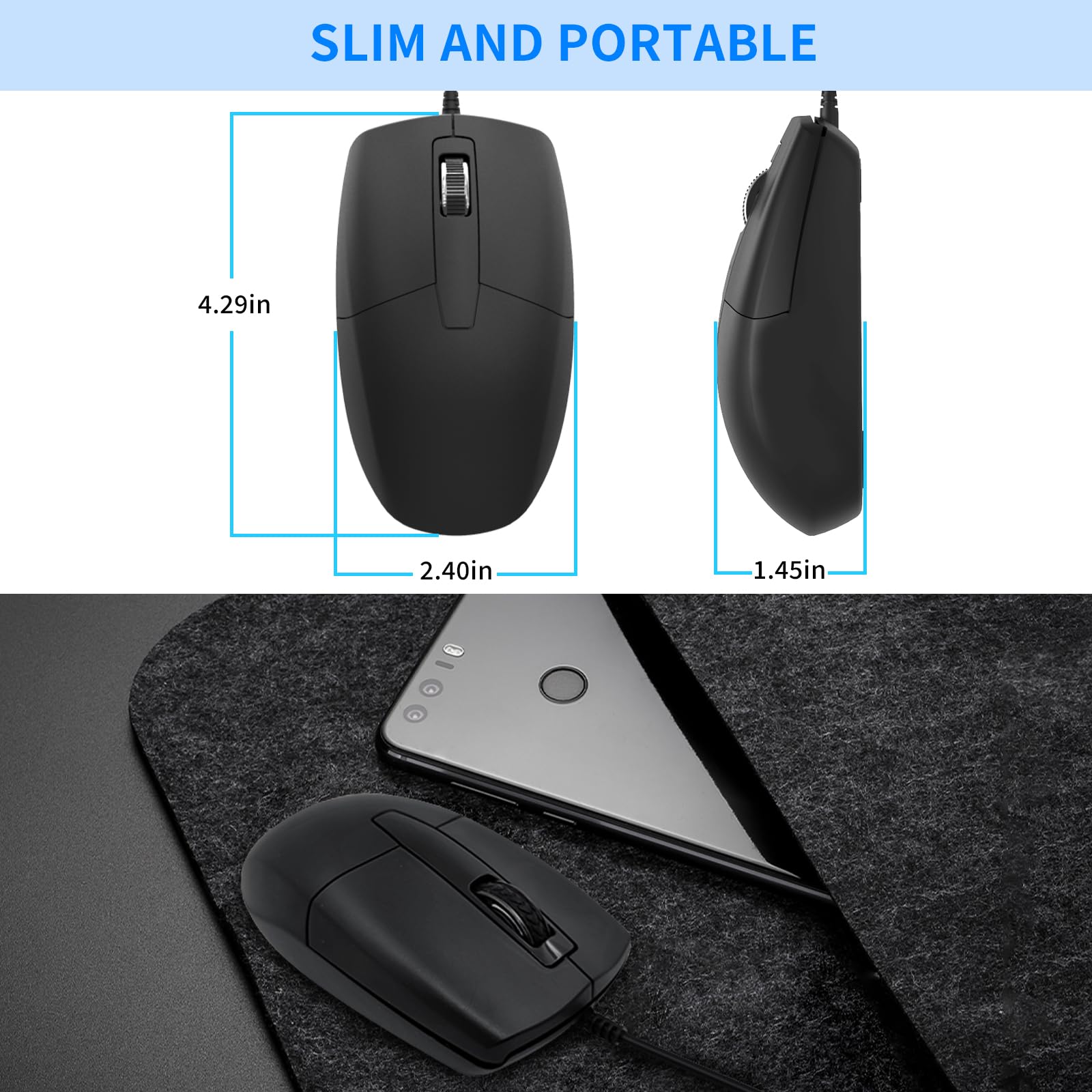 USB C Wired Mouse - Type C Optical Mouse with Silent Click & Ergonomic Design - Compatible with MacBook, Laptop, PC, Android - Perfect for Office, Travel & Gaming