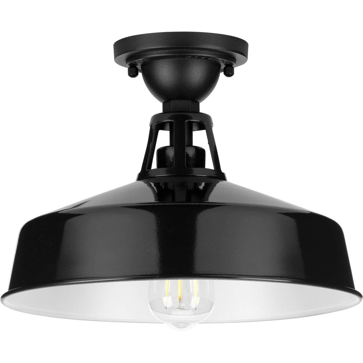 Progress Lighting Cedar Springs 1-Light Farmhouse Outdoor Semi-Flush Mount Ceiling Light - Gloss Black, 9.5x13.25x13.25 Inches - Rustic Porch, Patio & Entryway Lighting for Country Homes