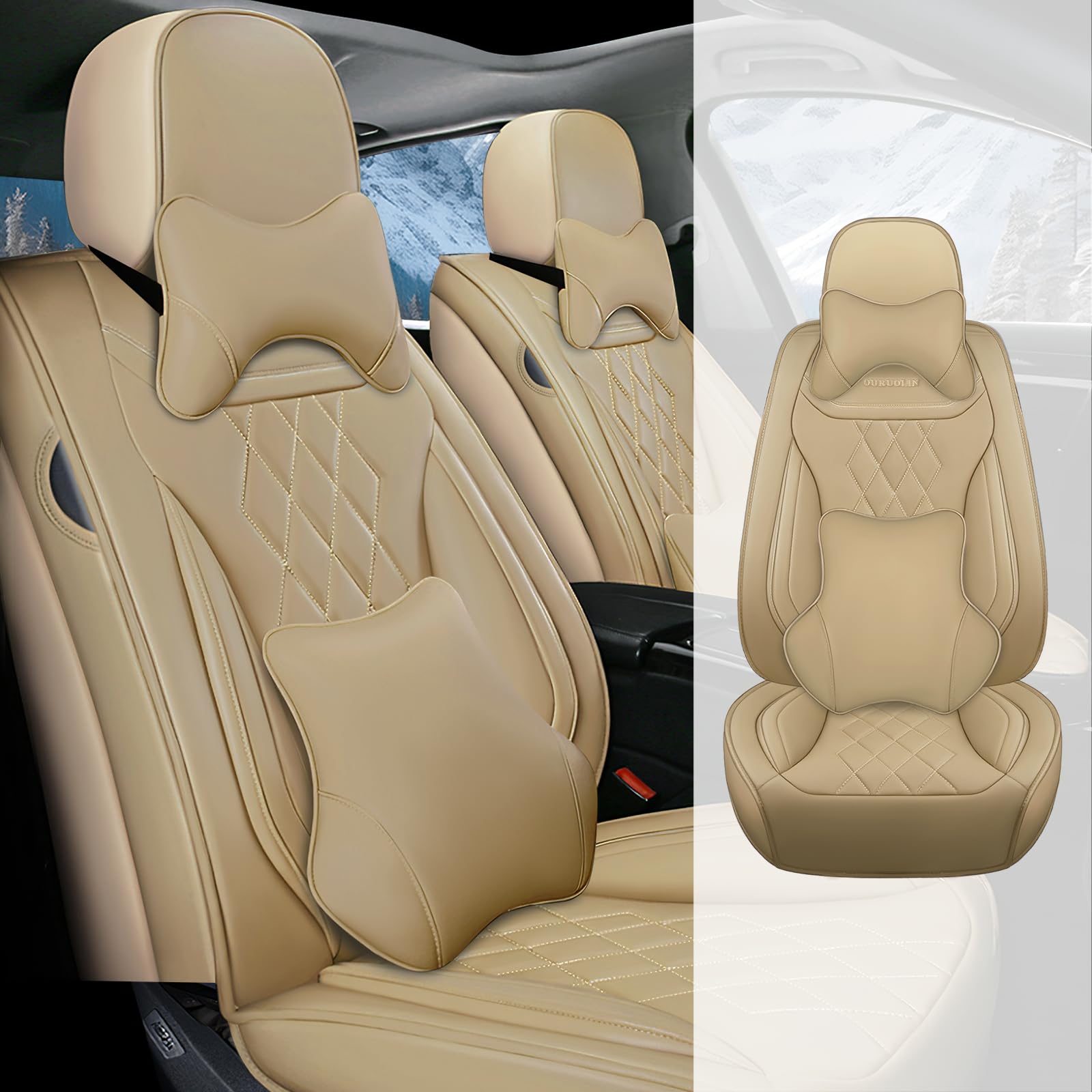 Waterproof Leather Seat Covers for Toyota Camry Hybrid 2007-2021 - Soft Breathable Front Set in Luxury Beige | Premium Car Interior Accessories for Comfort & Protection During Daily Commutes & Road Trips