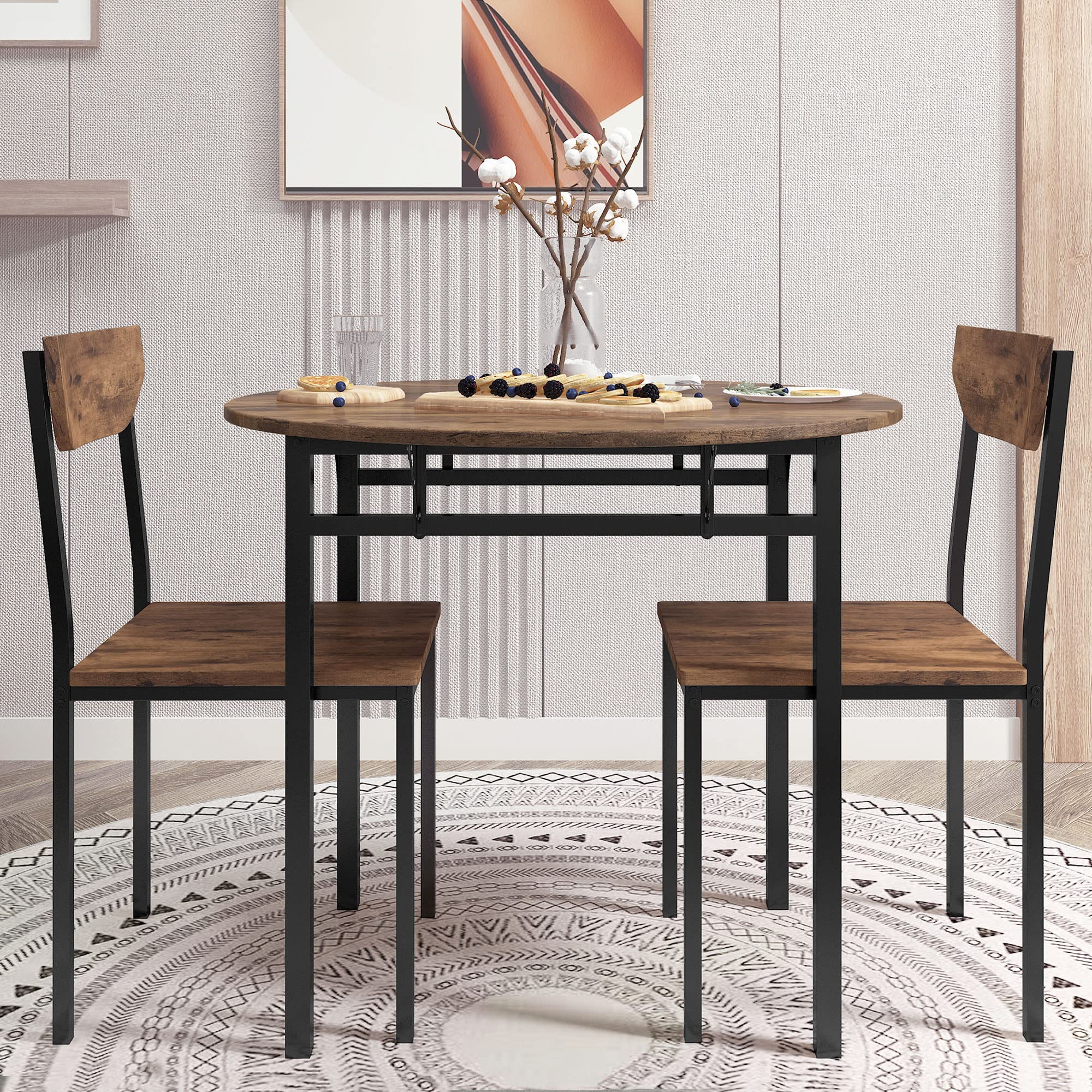 Modern 3-Piece Round Drop Leaf Dining Table Set with 2 Chairs - Rustic Brown Iron Frame Counter Height Kitchen Dinette - Perfect for Small Spaces, Breakfast Nooks & Cozy Apartments
