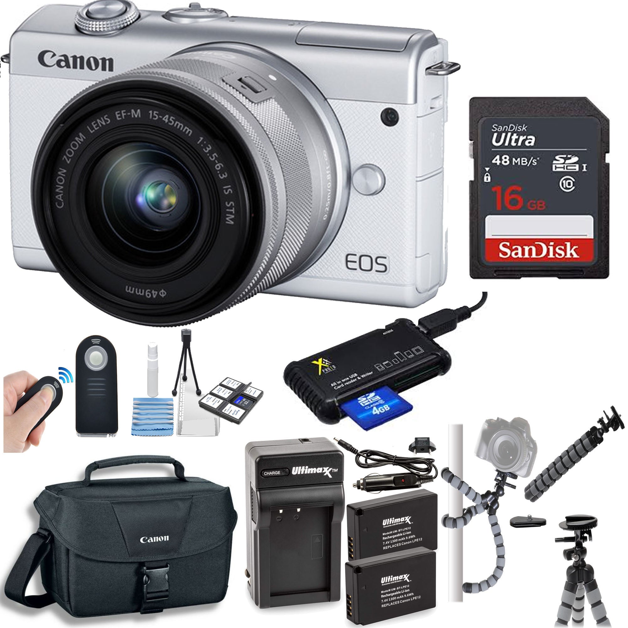 Canon EOS M200 Mirrorless Digital Camera Kit with 15-45mm Lens (White) - Includes Sandisk 16GB Memory Card, 2 Extra Batteries, Canon Case - Perfect for Travel Photography & Vlogging