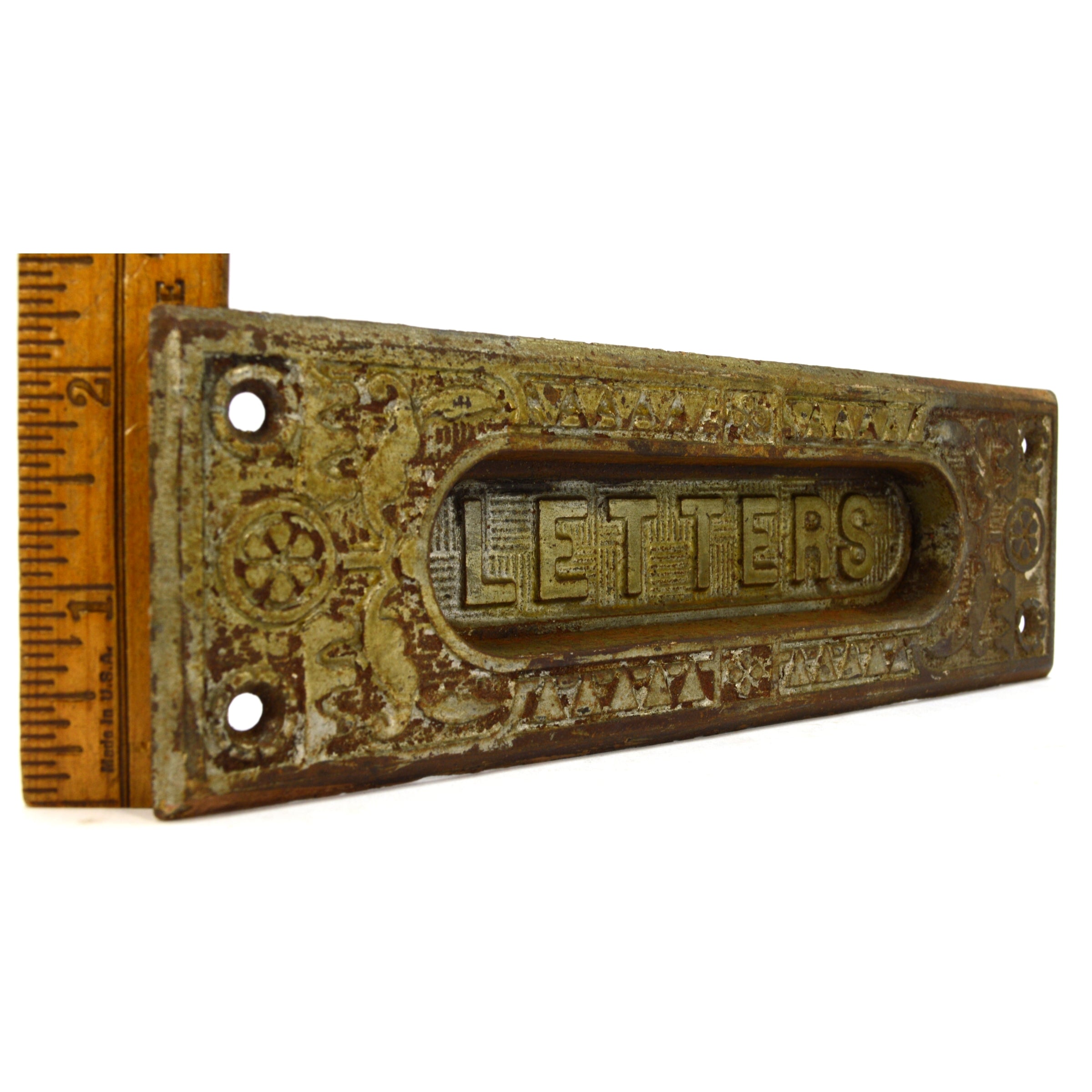 Antique Cast Iron Door Hardware - Salvaged Ornate Letters Pass Through Slot with Patina - Perfect for Vintage Home Restoration & Farmhouse Decor