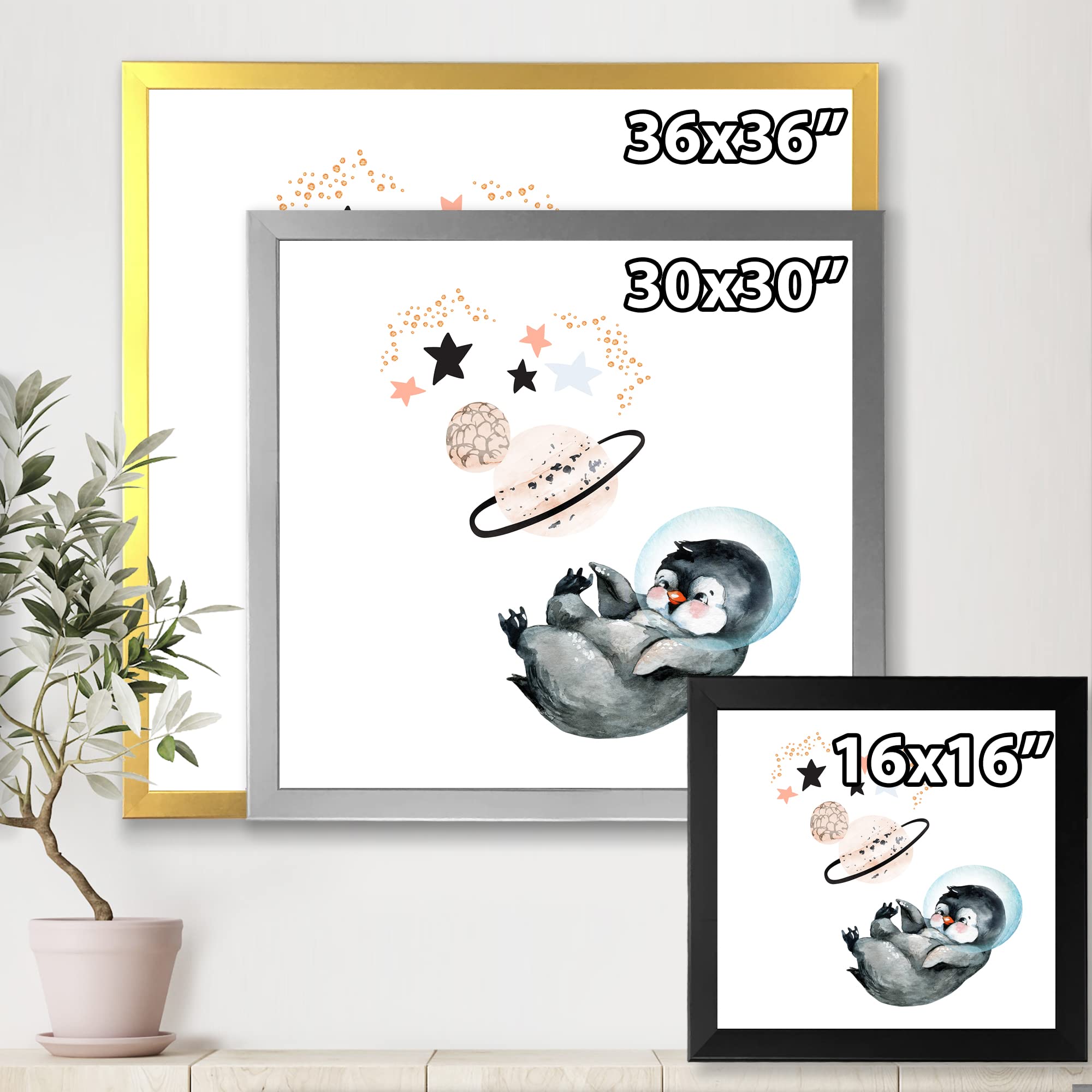 DesignQ Little Penguin with Stars and Planets - Farmhouse Framed Wall Art Decor for Nursery, Kids Room & Living Room