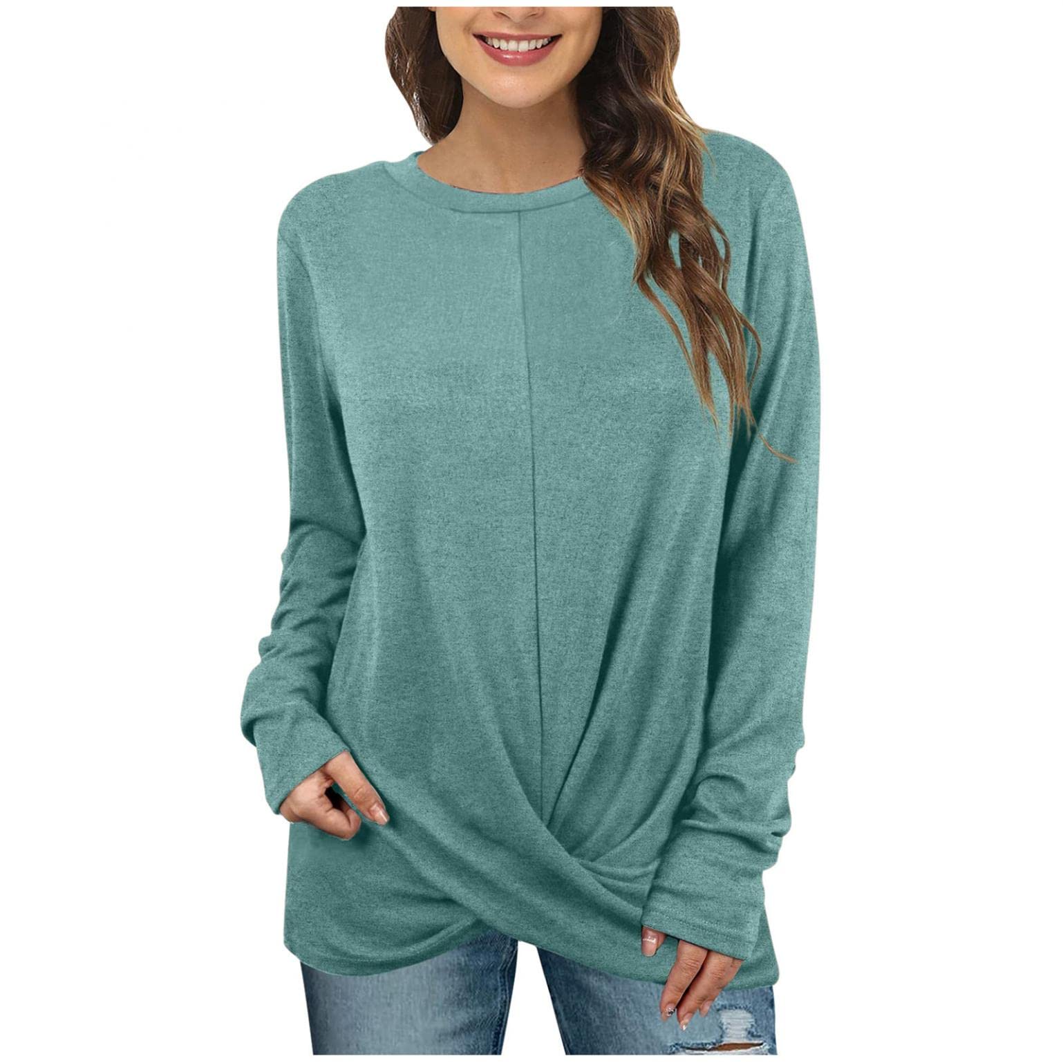 Women's Casual Long Sleeve Solid T-Shirts - Loose Fit O-Neck Blouses with Fashion Twist Knot Detail | Perfect for Everyday Wear, Office Outfits & Weekend Outings