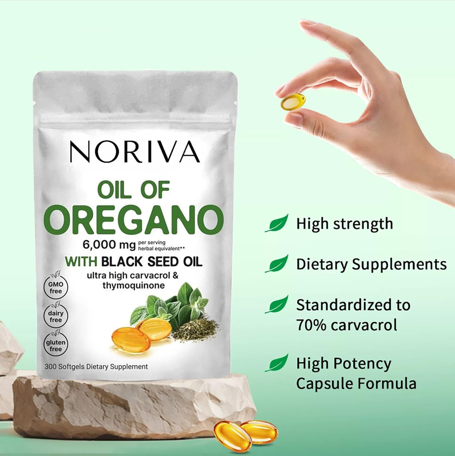 Noriva Oil of Oregano 6000mg Supplement Capsules with Black Seed Oil - Immune Support & Digestive Health - Perfect for Travel & Daily Wellness