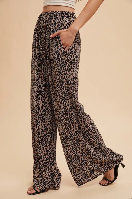 Annie Wear Women's Leopard Print Plisse Lounge Wide Leg Pants - Soft Stretchy Comfort for Home, Yoga & Casual Outings