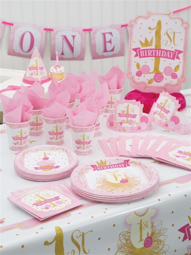 9oz Pink and Gold Girls 1st Birthday Party Cups - Set of 8 Disposable Plastic Cups for Baby Shower, Birthday Celebrations, and Special Occasions