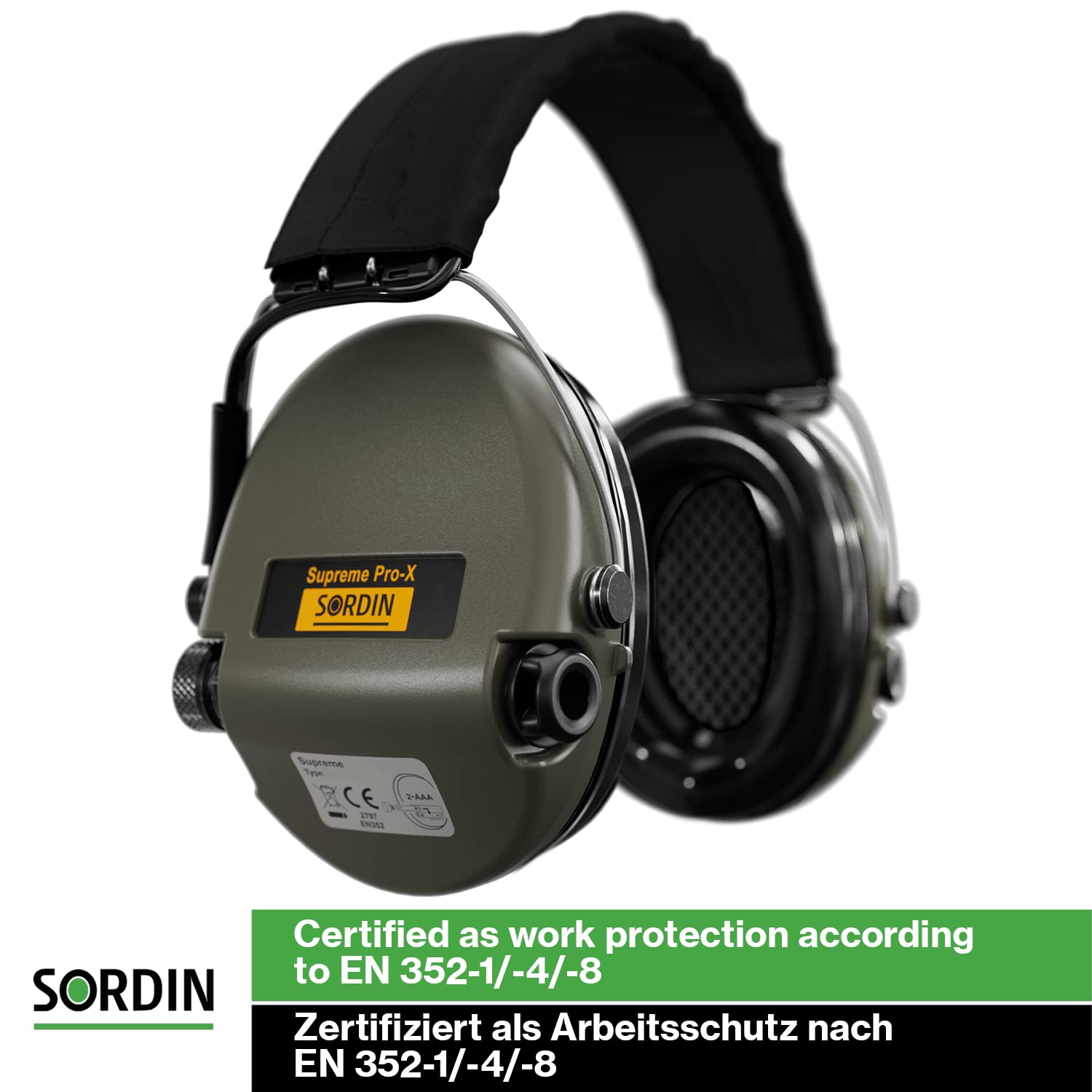 Sordin Supreme Pro-X Electronic Ear Muffs for Hunting & Shooting - Active Noise Cancelling, Textile Headband & Gel Cushions - Green Hearing Protection for Outdoor Sports & Range Use