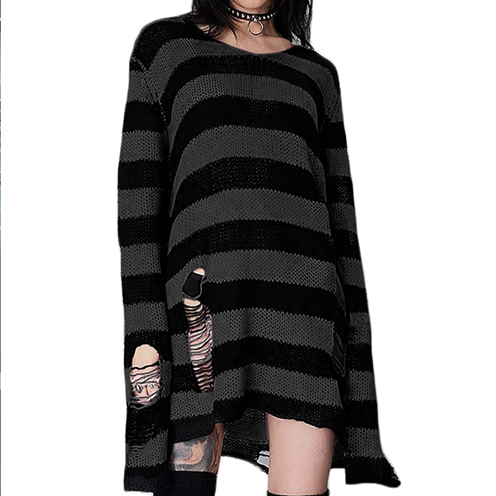 Gothic Punk Sweater for Women - Long Hollow Out Knit Cardigan with Distressed Hole Details | Perfect for Layering, Casual Outfits, and Gothic Fashion Styles