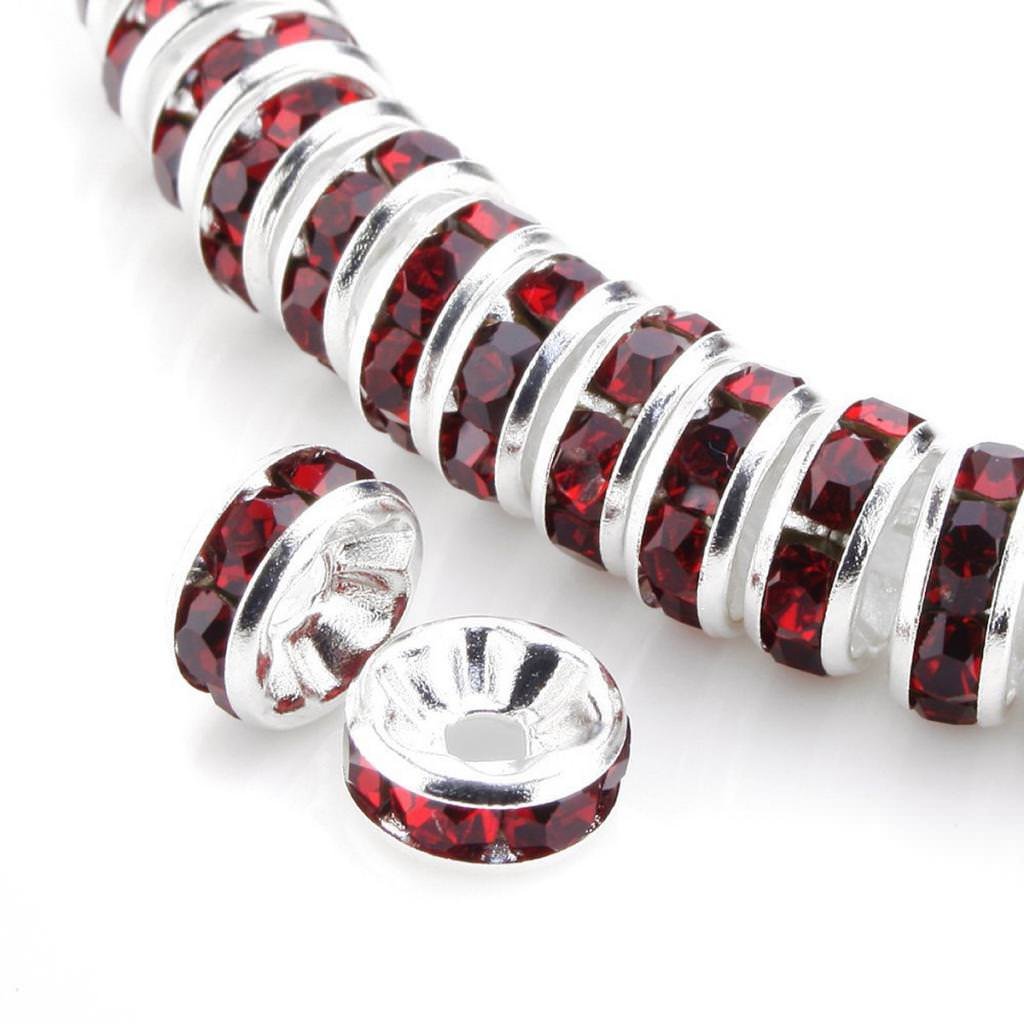100pcs AAA Grade 8mm (0.31 Inch) Siam Red Rhinestone Rondelle Beads - Silver Plated Brass Spacer Crystal Beads for DIY Jewelry Making, Crafting, Bracelets & Necklace Designs - Perfect for Wedding, Party & Fashion Accessories