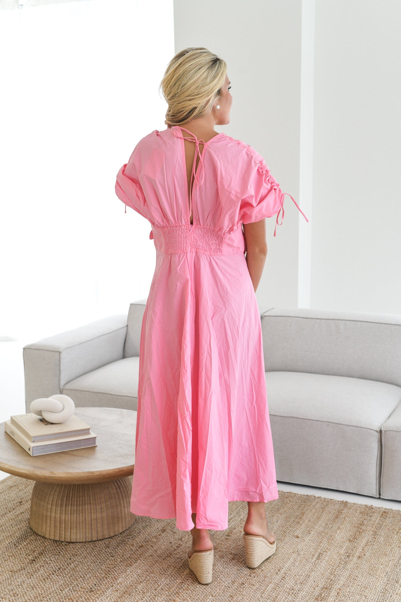 Angie Floral Applique Midi Dress for Women - Elegant Pink Summer Dress for Wedding, Party & Date Night