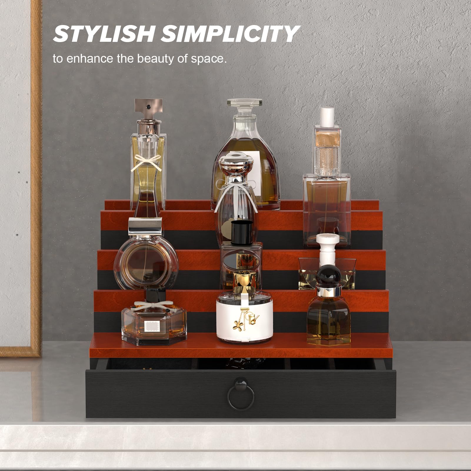 4-Tier Cologne Organizer for Men with Drawer & Hidden Compartment - Perfume Display Stand & Storage Shelf - Perfect Gift for Him - Ideal for Bedroom, Bathroom or Dresser Organization