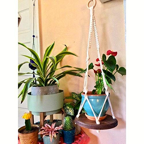 Handmade Macrame Plant Hanger Shelf - Boho Wooden Hanging Table for Indoor Plants - Wall Decor for Living Room, Bedroom & Balcony - Perfect for Small Space Decor & Boho Home Style