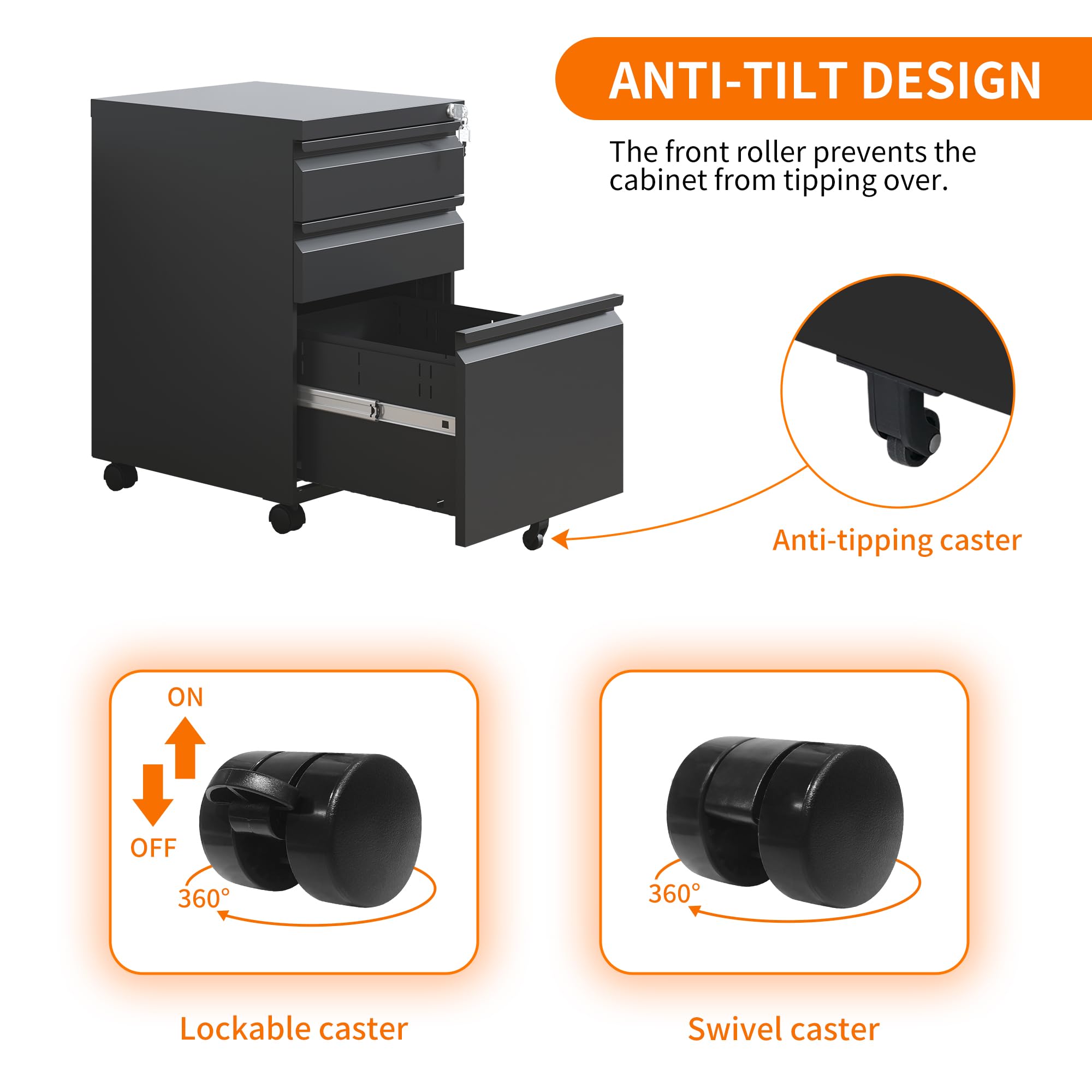 3 Drawer Mobile File Cabinet - Letter & Legal Size, Fully Assembled Under Desk Storage for Home Office - Black | Organize Documents, Bills & Office Supplies with Easy Rolling Mobility