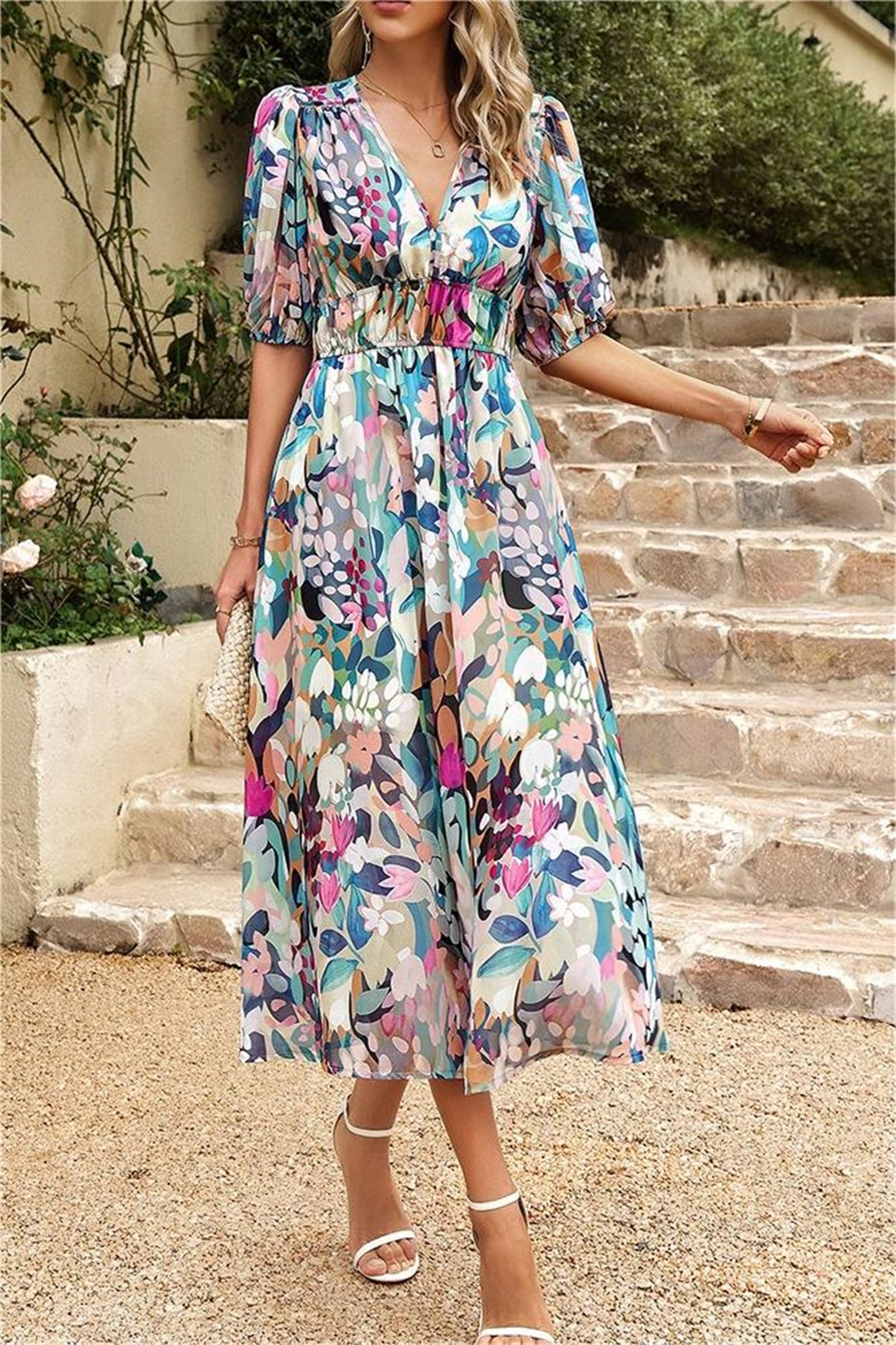2024 Women's Boho Floral Summer Dresses - V Neck Casual Beach Long Dress with Short Sleeves | Perfect for Vacations, Outdoor Parties & Romantic Dates