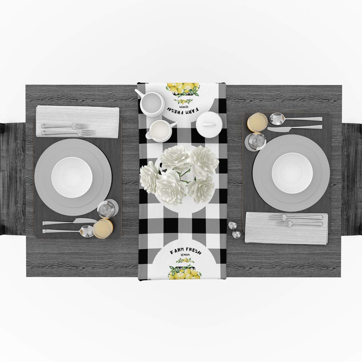 Non-Slip Truck Farm Lemon Fruit Table Runner - 14x72 Inch Black White Plaid Rectangle Table Decor for Kitchen, Coffee Table, Dresser & Foyer | Perfect for Garden Weddings, Parties & Farmhouse Dining Settings